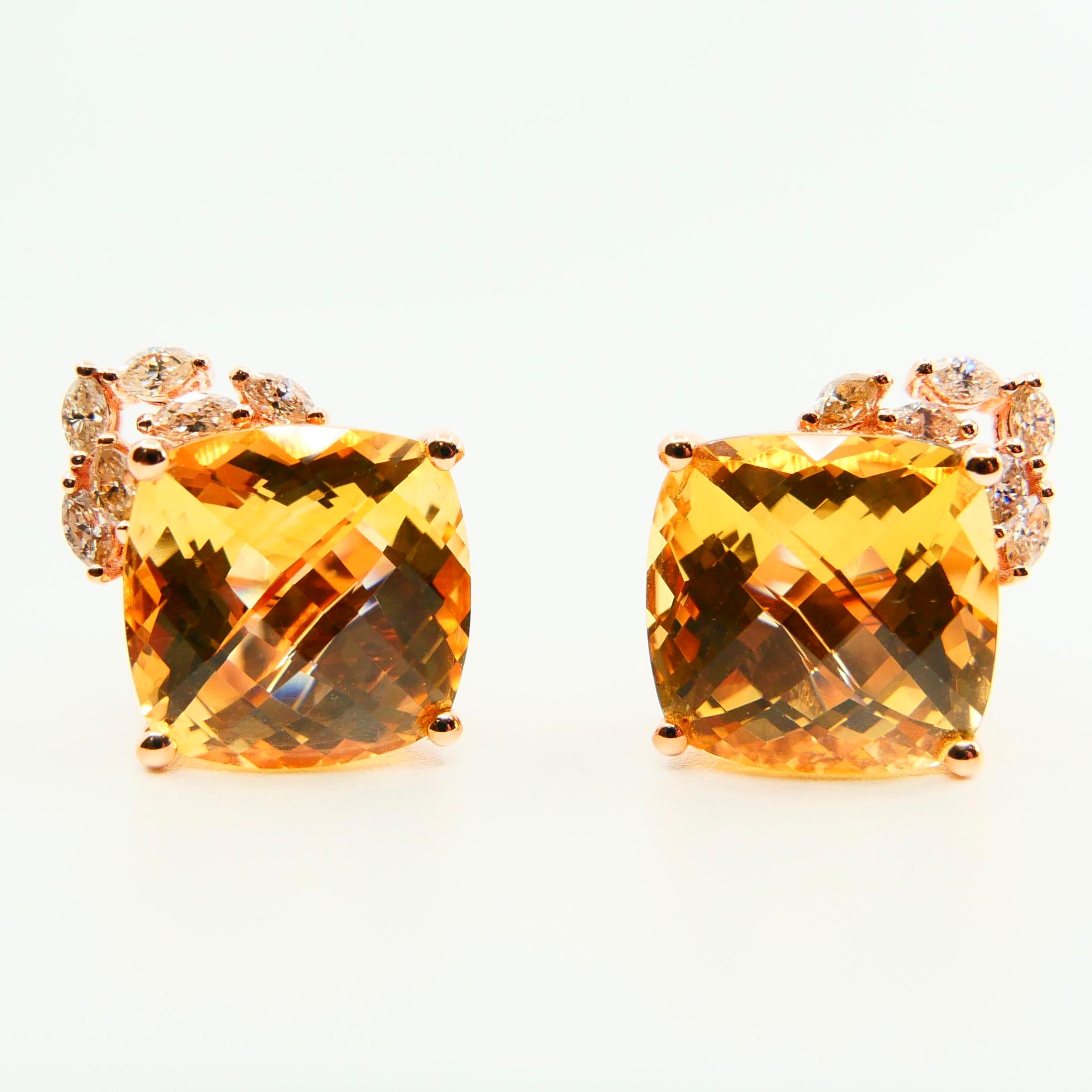 18 Karat Rose Gold Faceted Citrine 13.19 Carat and Diamond Stud Earrings In New Condition For Sale In Hong Kong, HK