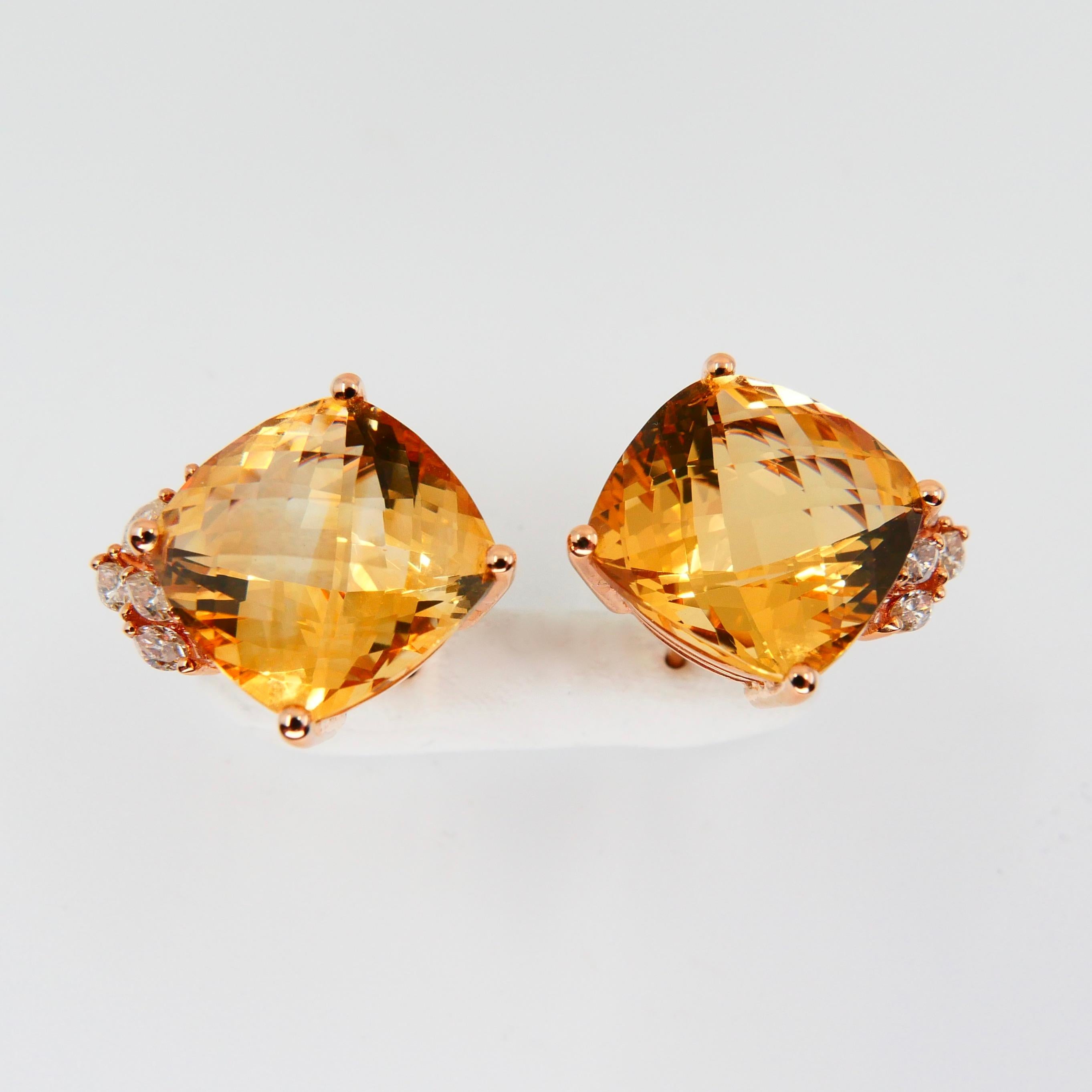 Women's 18 Karat Rose Gold Faceted Citrine 13.19 Carat and Diamond Stud Earrings For Sale