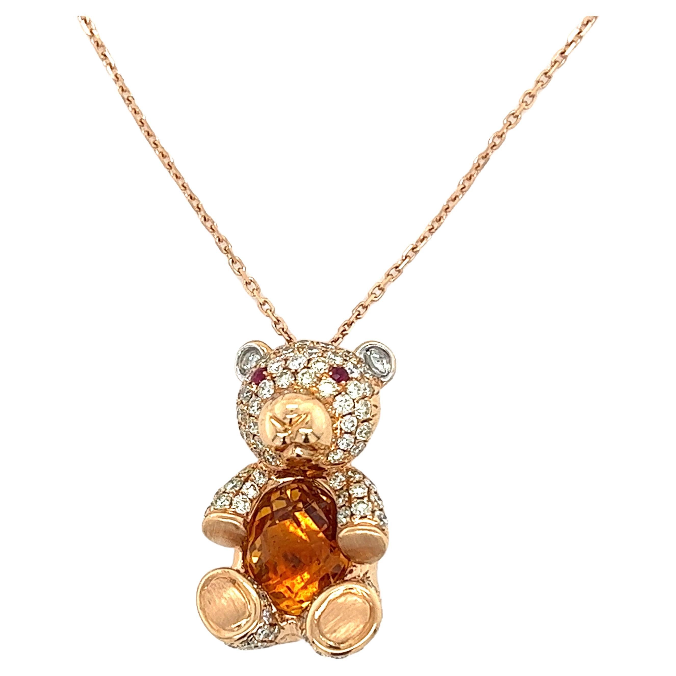 18k Rose Gold Fancy Diamond Citrine Bear Pendant Necklace For Sale