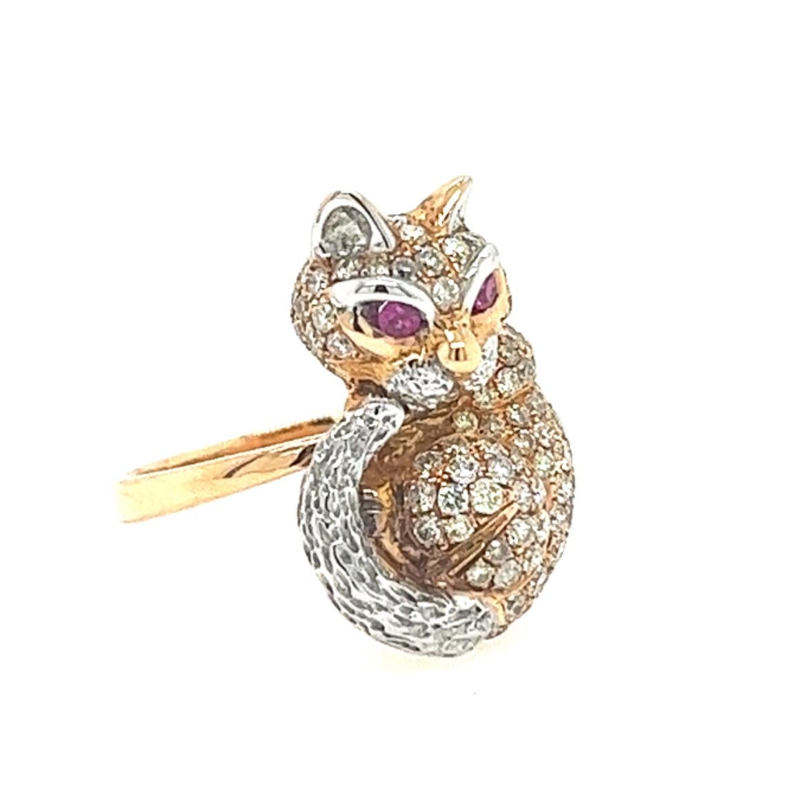 18K Gold Fancy Diamond Fox Ring with Rubies

92 Fancy Diamonds - 0.96 CT
2 Rubies - 0.07 CT
18K Rose Gold - 5.26 GM

This exquisite 18K gold ring features a captivating fox design that exudes elegance and sophistication. The fox's body is