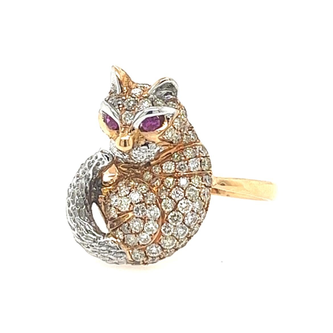Modern 18K Rose Gold Fancy Diamond Fox Ring with Rubies For Sale