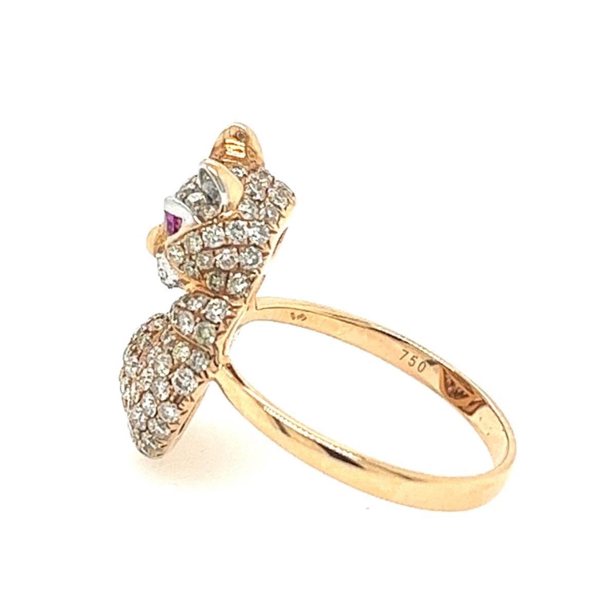 Round Cut 18K Rose Gold Fancy Diamond Fox Ring with Rubies For Sale