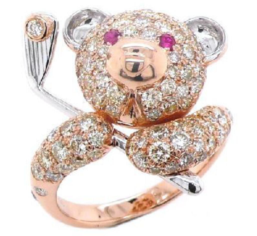 Anello con orso in oro rosa 18 carati con diamanti fantasia