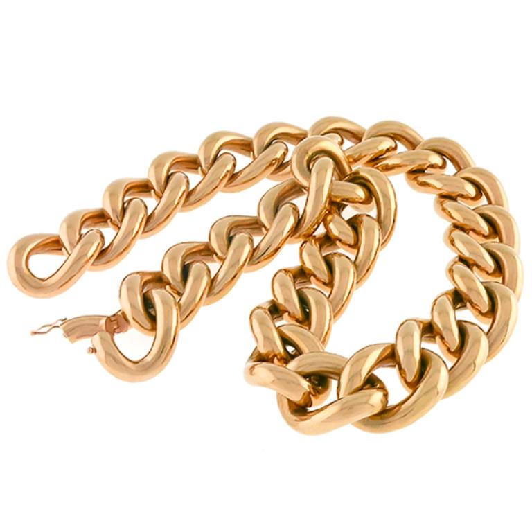 18 Karat Rose Gold Figaro Tubular Chain Necklace For Sale at 1stDibs