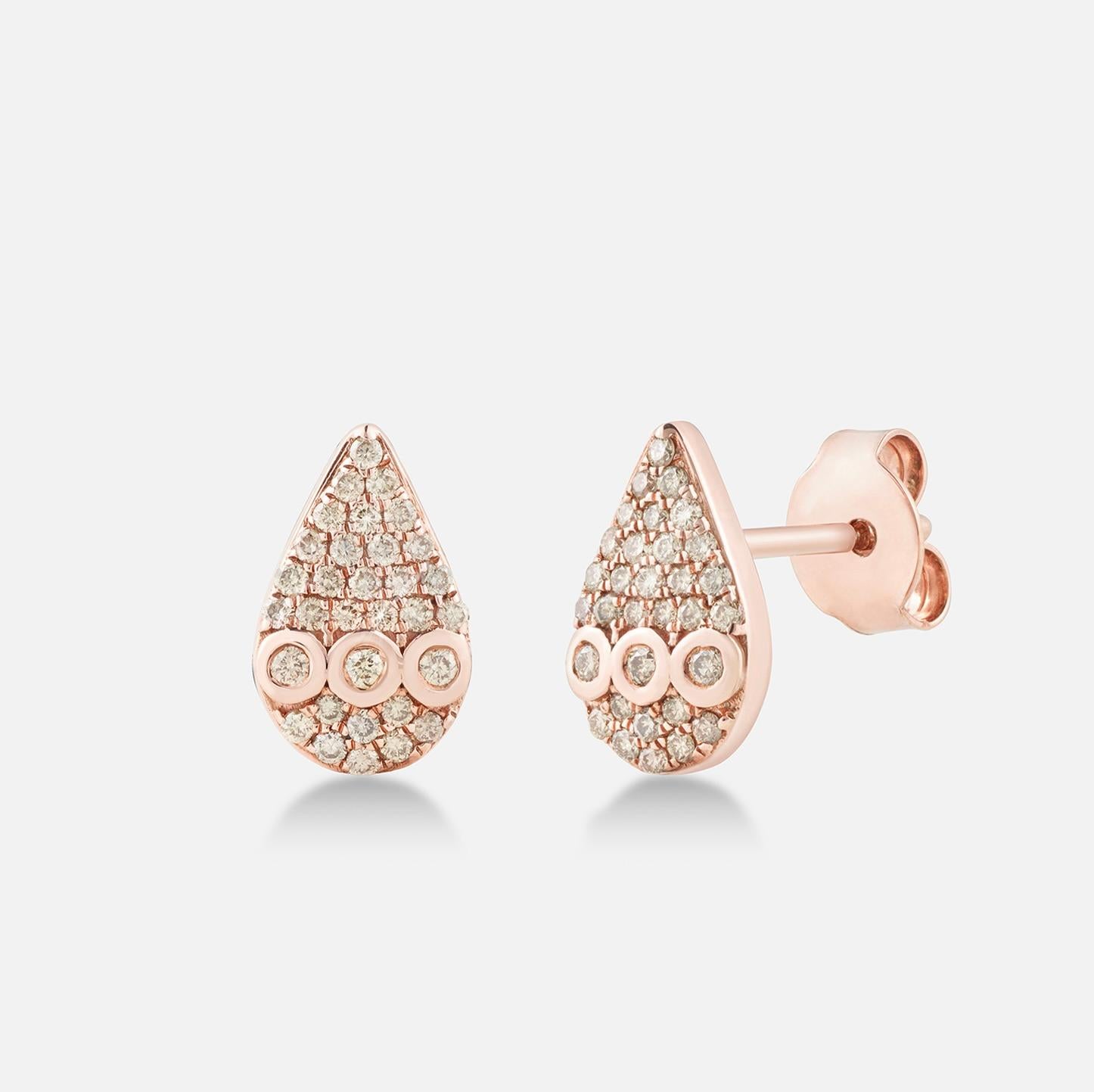 Brilliant Cut 18k Rose Gold Flat-Drop Stud Earrings with 64 Champagne Diamonds For Sale