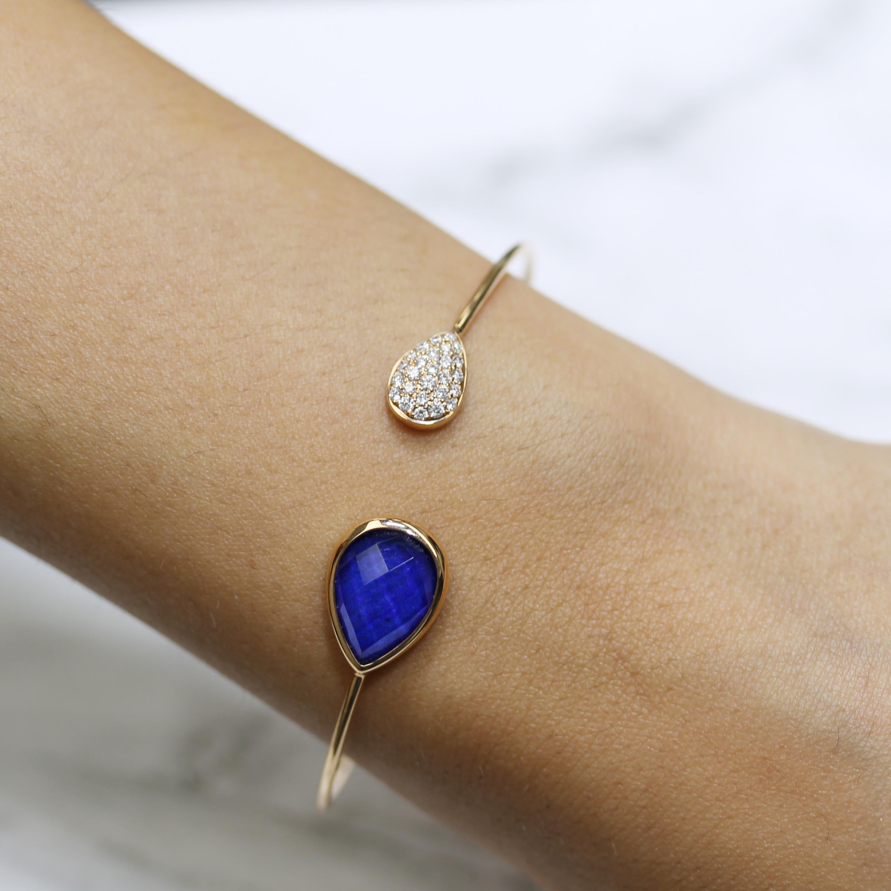 Royal Lapis Flexible Bangle Bracelet, in 18K rose gold, with a pear-shaped, checker-cut, White Quartz layered with Natural Lapis Lazuli, accented by a pear of pavé diamonds. Gold contains a spring mechanism allowing it to comfortable 
