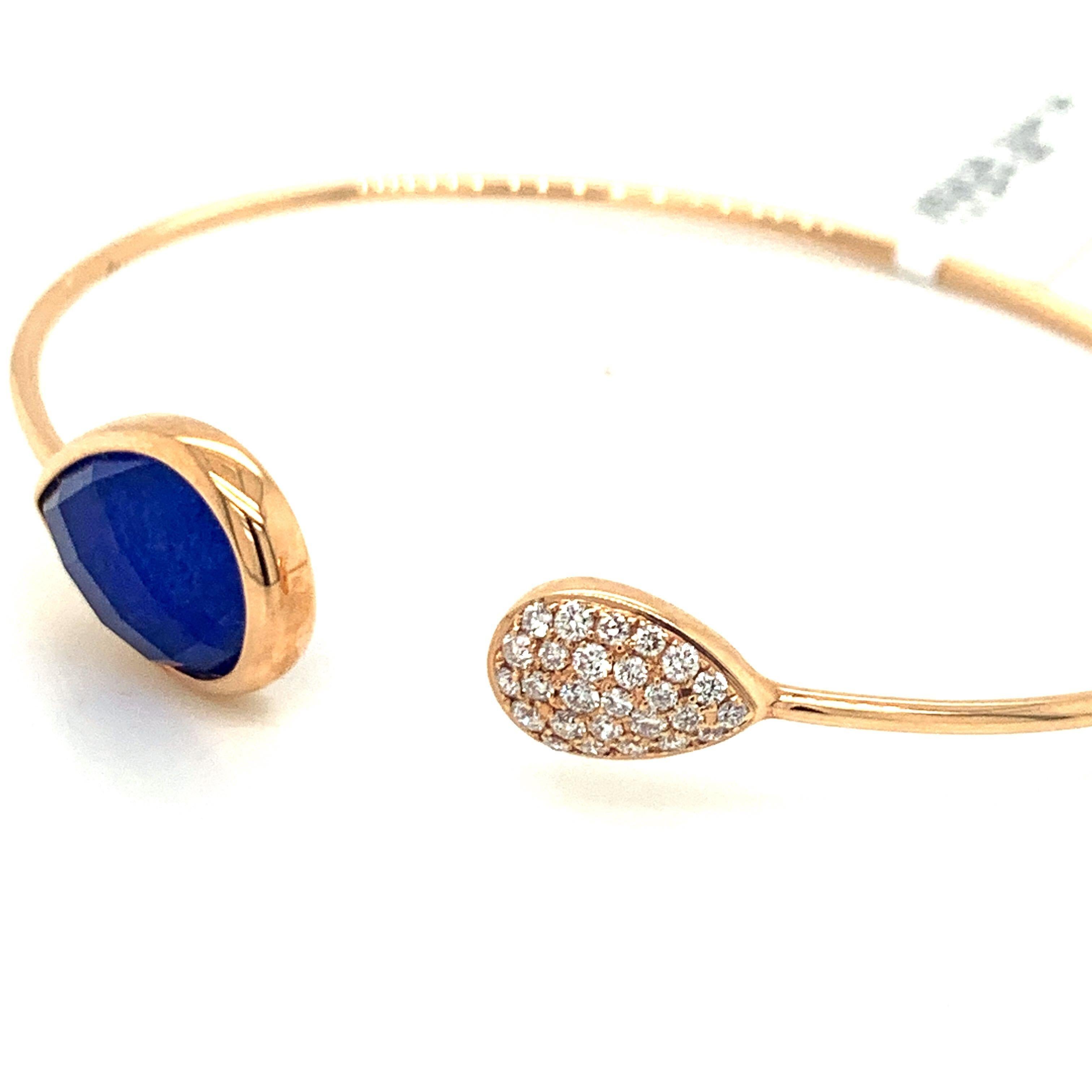 Artisan 18K Rose Gold Flexible Bangle Bracelet w/ Lapis Lazuli, White Quartz & Diamonds For Sale