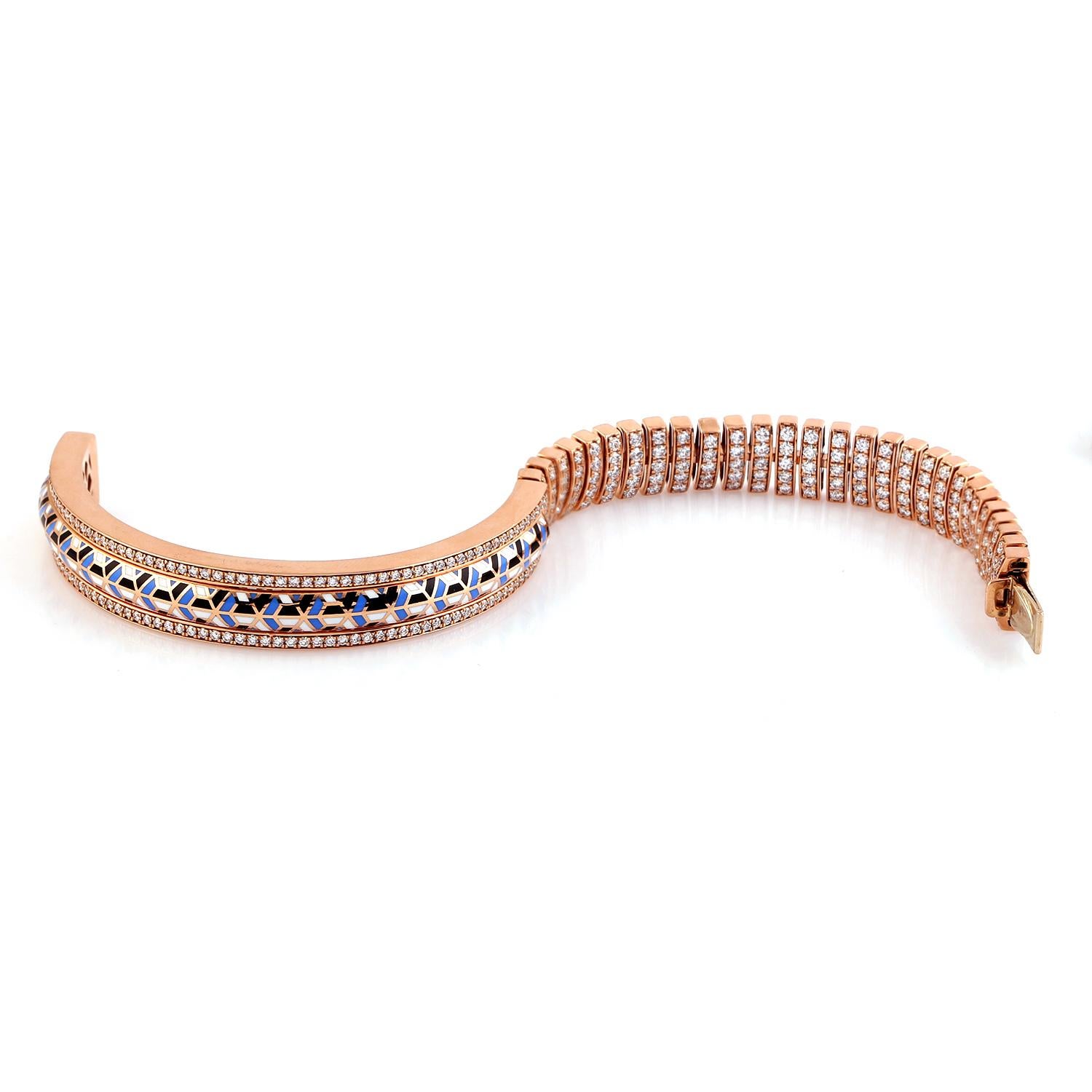 18k Rose Gold Flexible Bracelet with Vs Diamonds & Ceramic Mosaic Work In New Condition In New York, NY