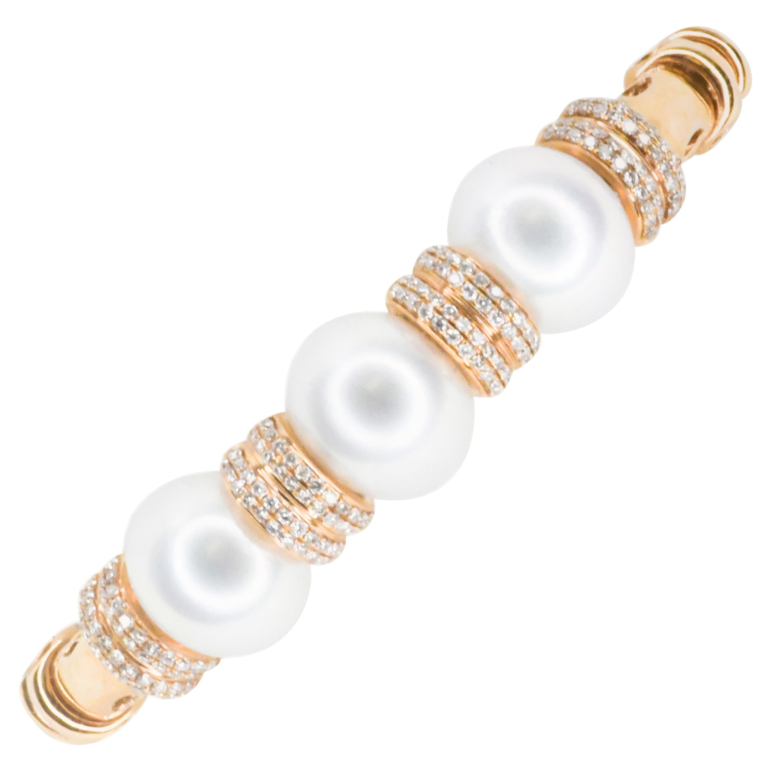 18 Karat Gold Flexible Open End South Sea Pearl and Diamonds Bangle Bracelet