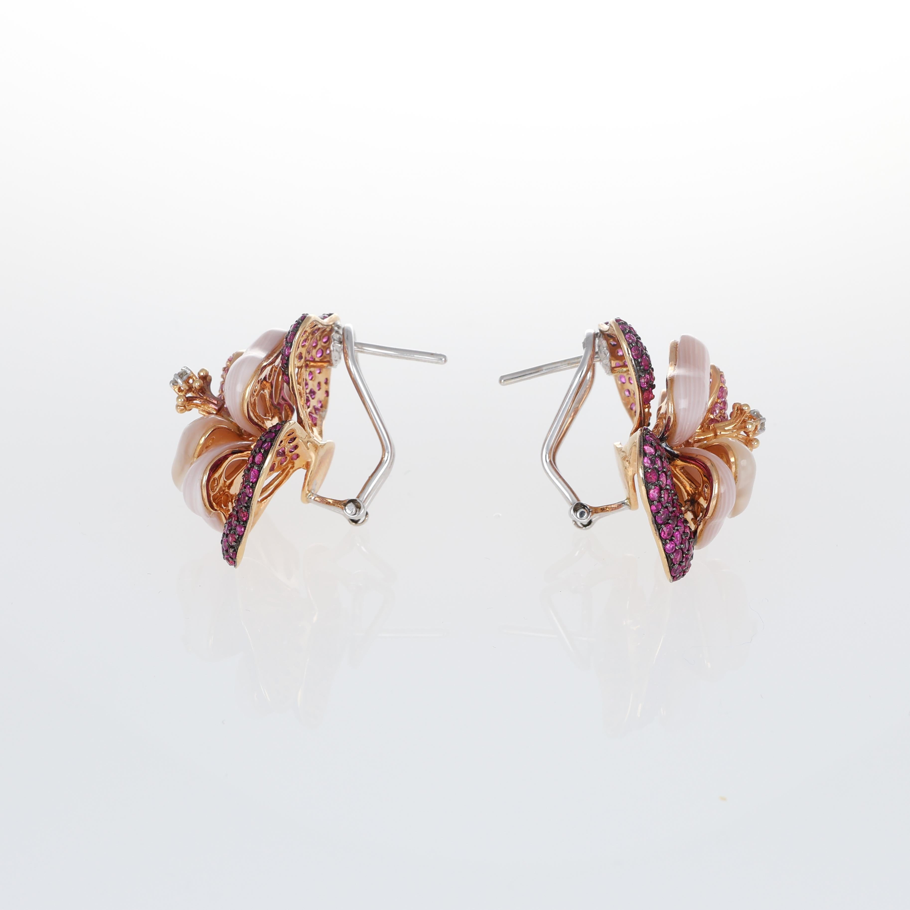 Brilliant Cut 18K Rose Gold Floral Earrings with Mother-of-Pearl, Pink Sapphires, and Diamonds For Sale