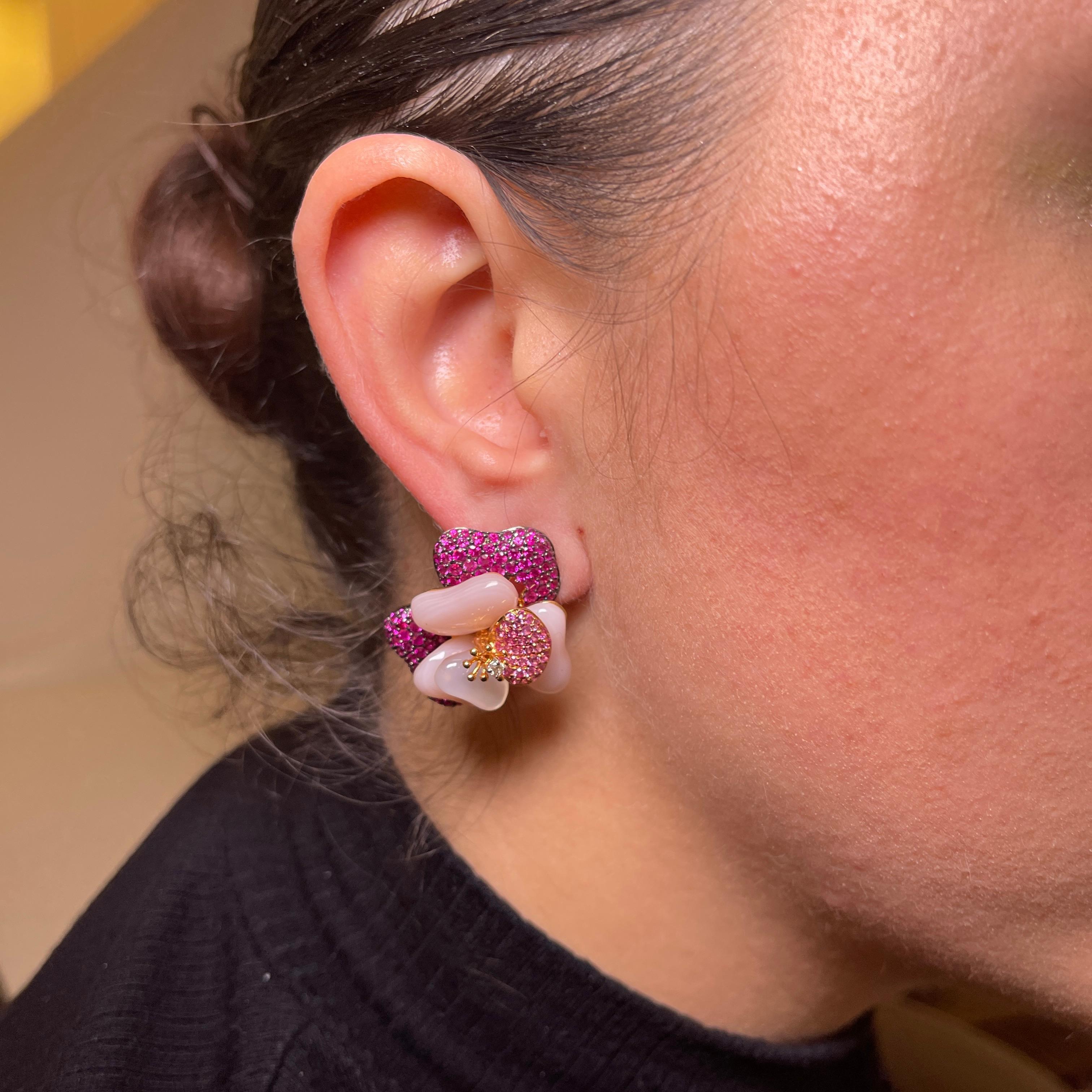 18K Rose Gold Floral Earrings with Mother-of-Pearl, Pink Sapphires, and Diamonds For Sale 1