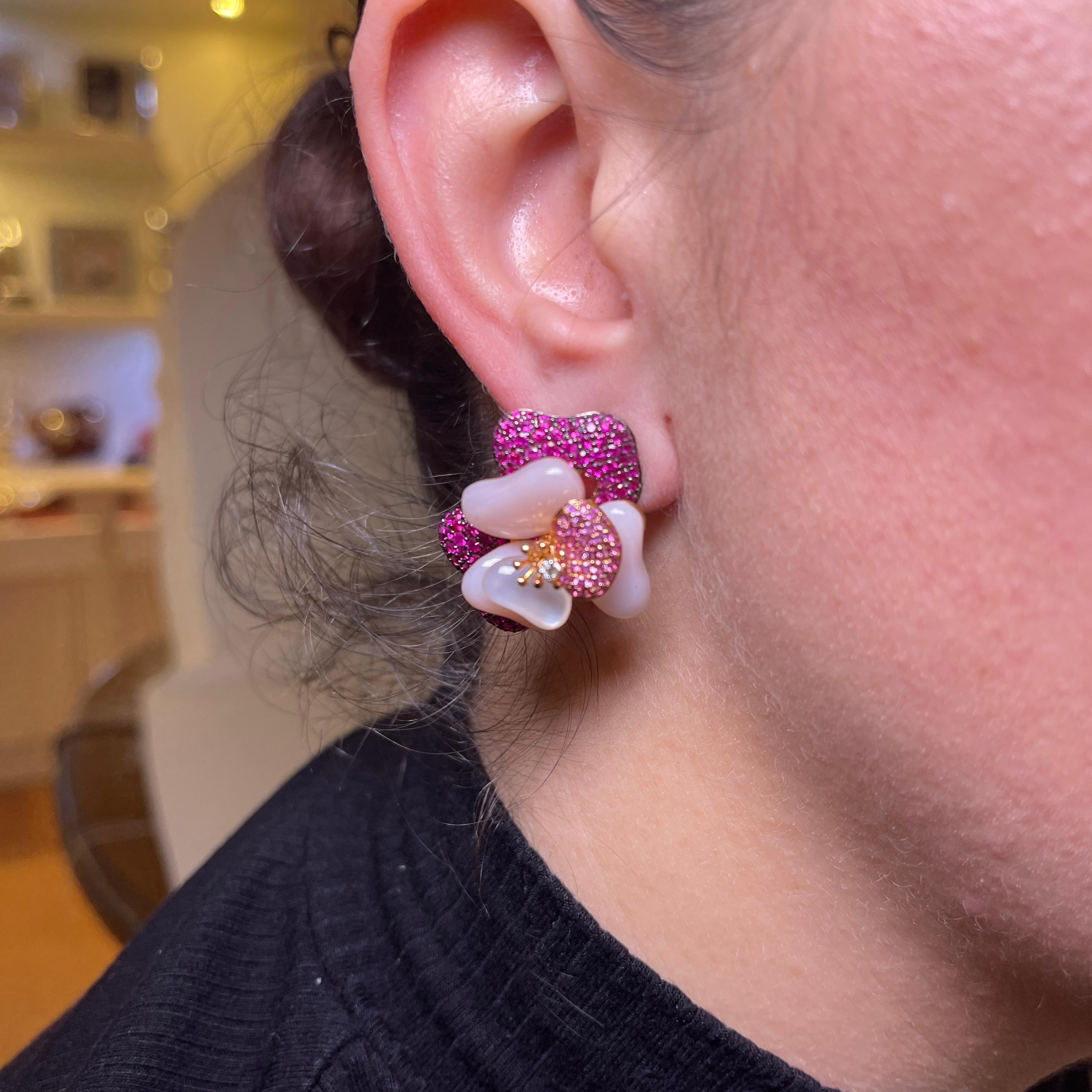 18K Rose Gold Floral Earrings with Mother-of-Pearl, Pink Sapphires, and Diamonds For Sale 2