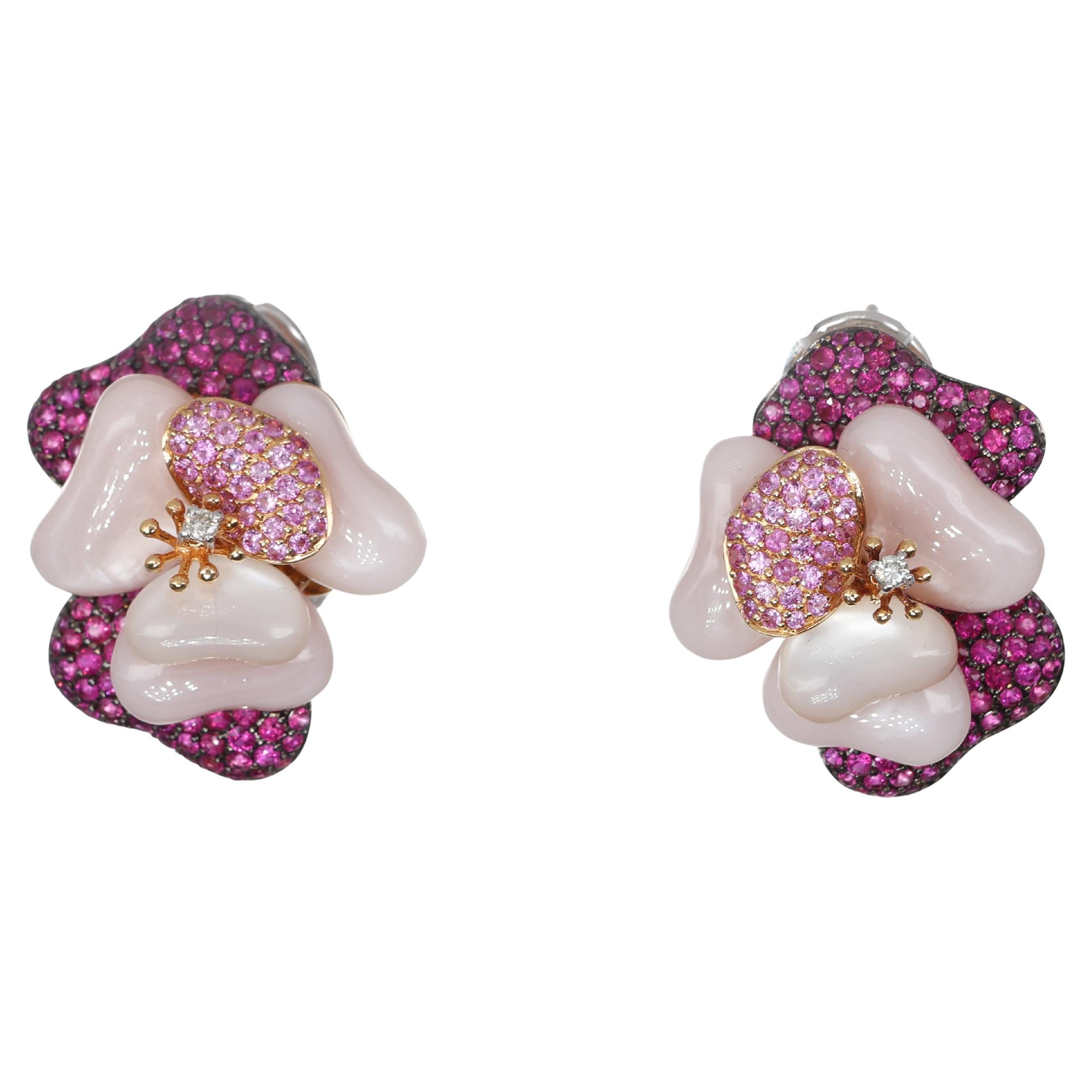 18K Rose Gold Floral Earrings with Mother-of-Pearl, Pink Sapphires, and Diamonds