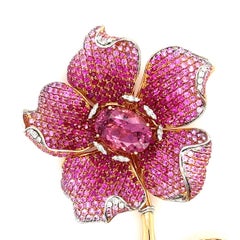 18K Rose Gold Flower Brooch with Diamonds & Rubies & Pink Sapphires