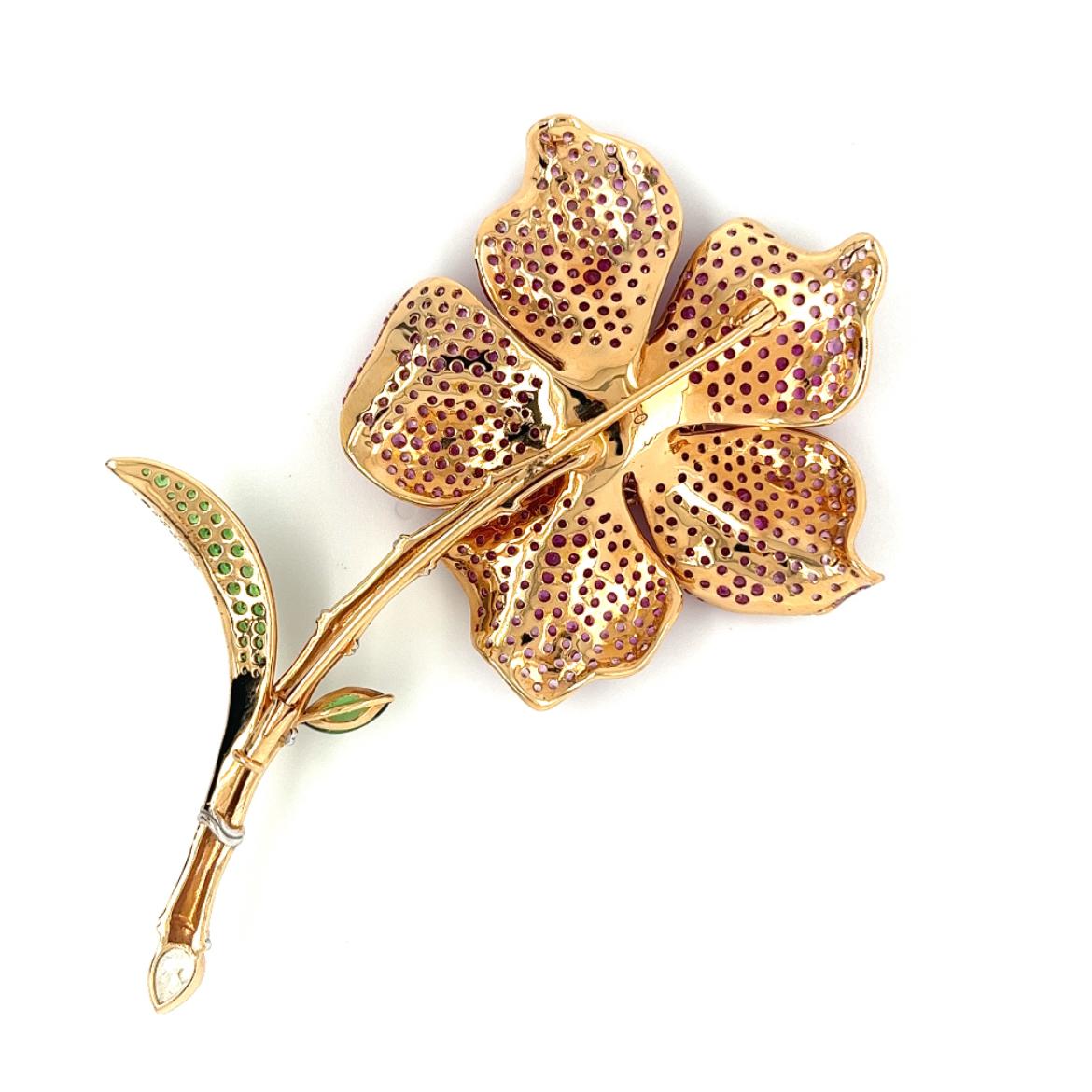 Round Cut 18K Rose Gold Flower Brooch with Diamonds & Rubies & Pink Sapphires For Sale