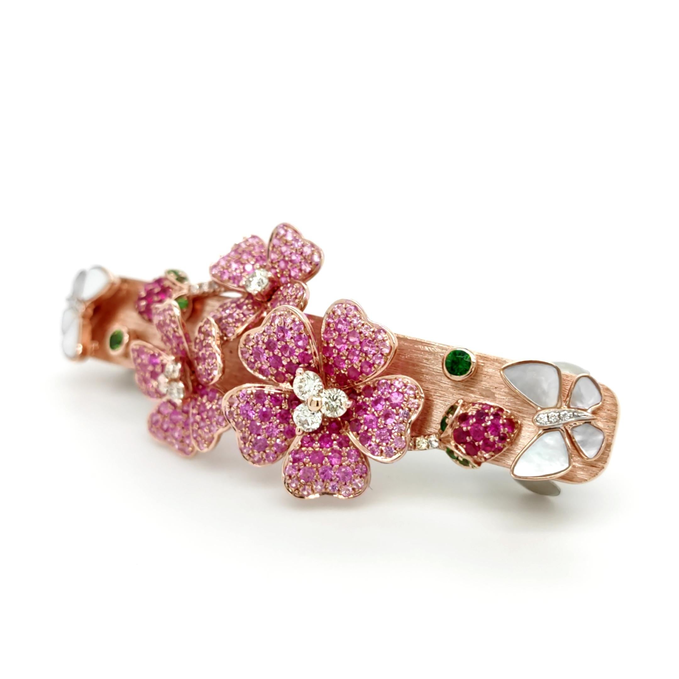 18 Karat Roségold Blumen-Garten-Haar-Clip mit Rubin & rosa Saphir und farbigem Diamant (Moderne) im Angebot