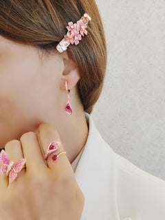 18K Rose Gold Flower Garden Ruby & Pink Sapphrie Colored Diamond Hair Clip