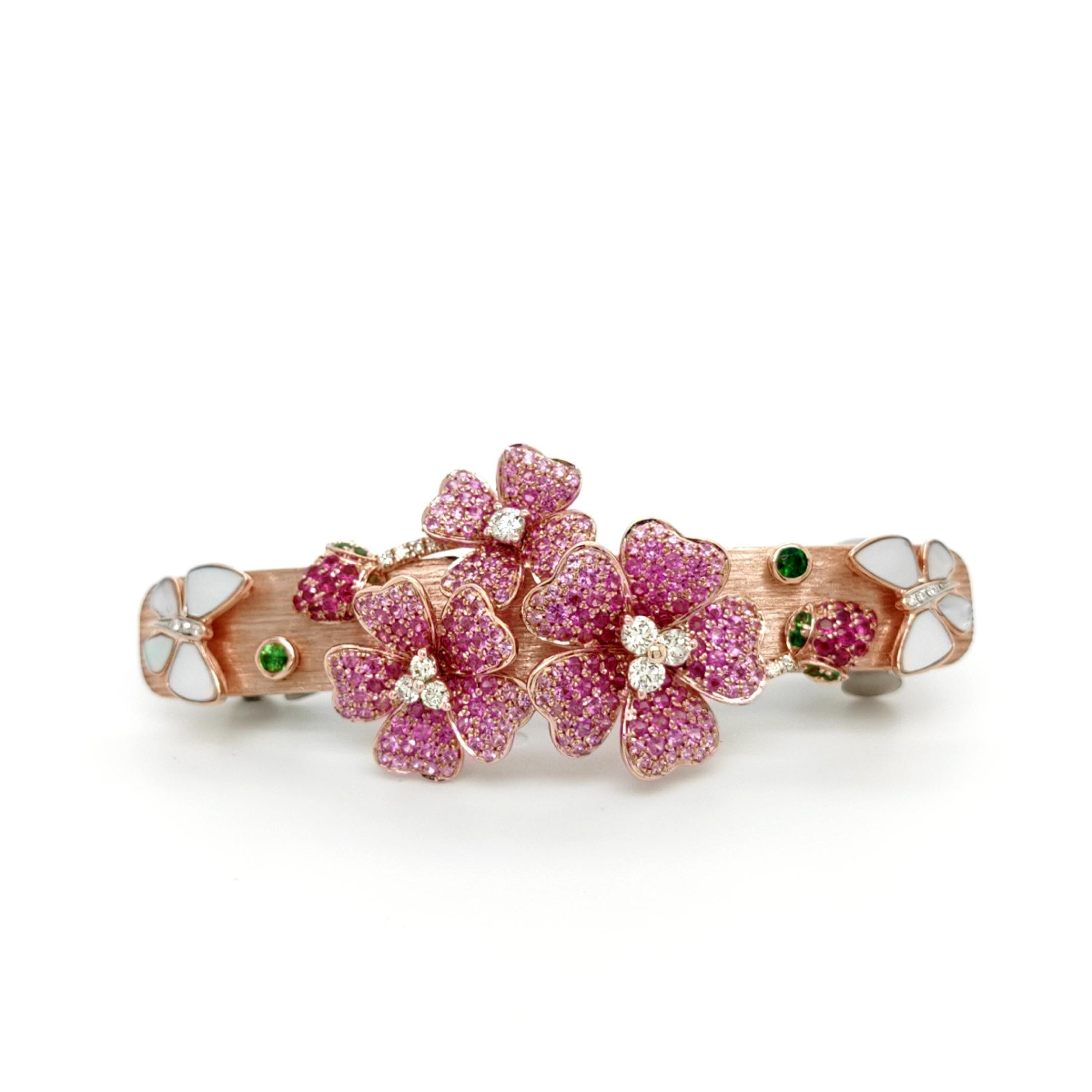 18 Karat Roségold Blumen-Garten-Haar-Clip mit Rubin & rosa Saphir und farbigem Diamant (Rundschliff) im Angebot