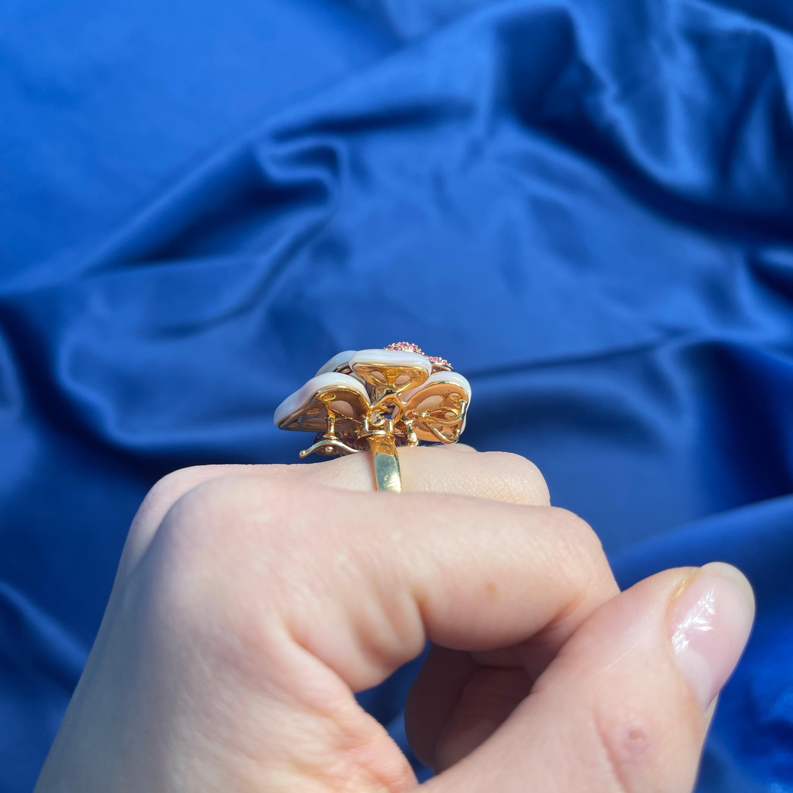 18K Rose Gold Flower Ring with Mother-of-Pearl, Rubies, and Sapphires For Sale 9