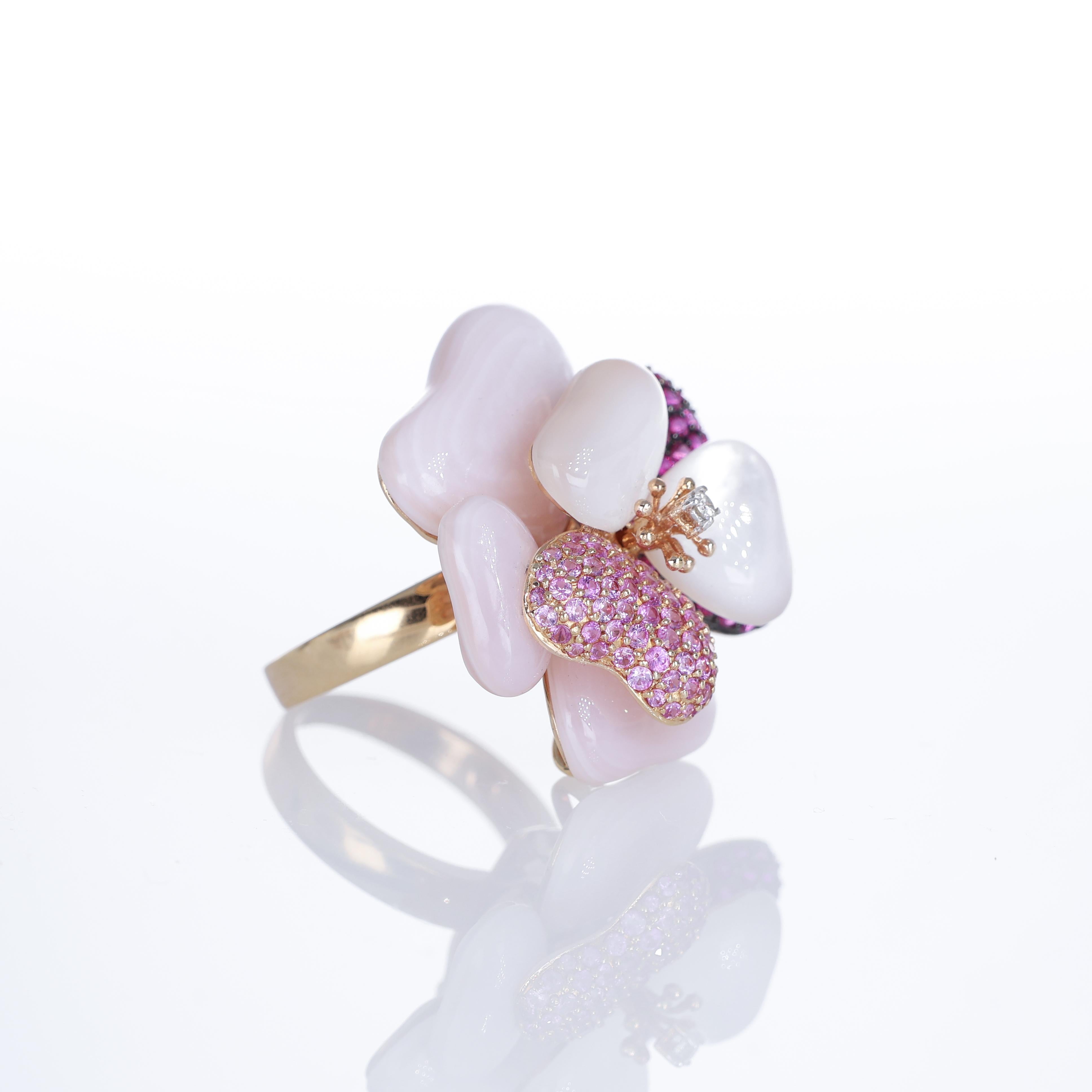 Brilliant Cut 18K Rose Gold Flower Ring with Mother-of-Pearl, Rubies, and Sapphires For Sale