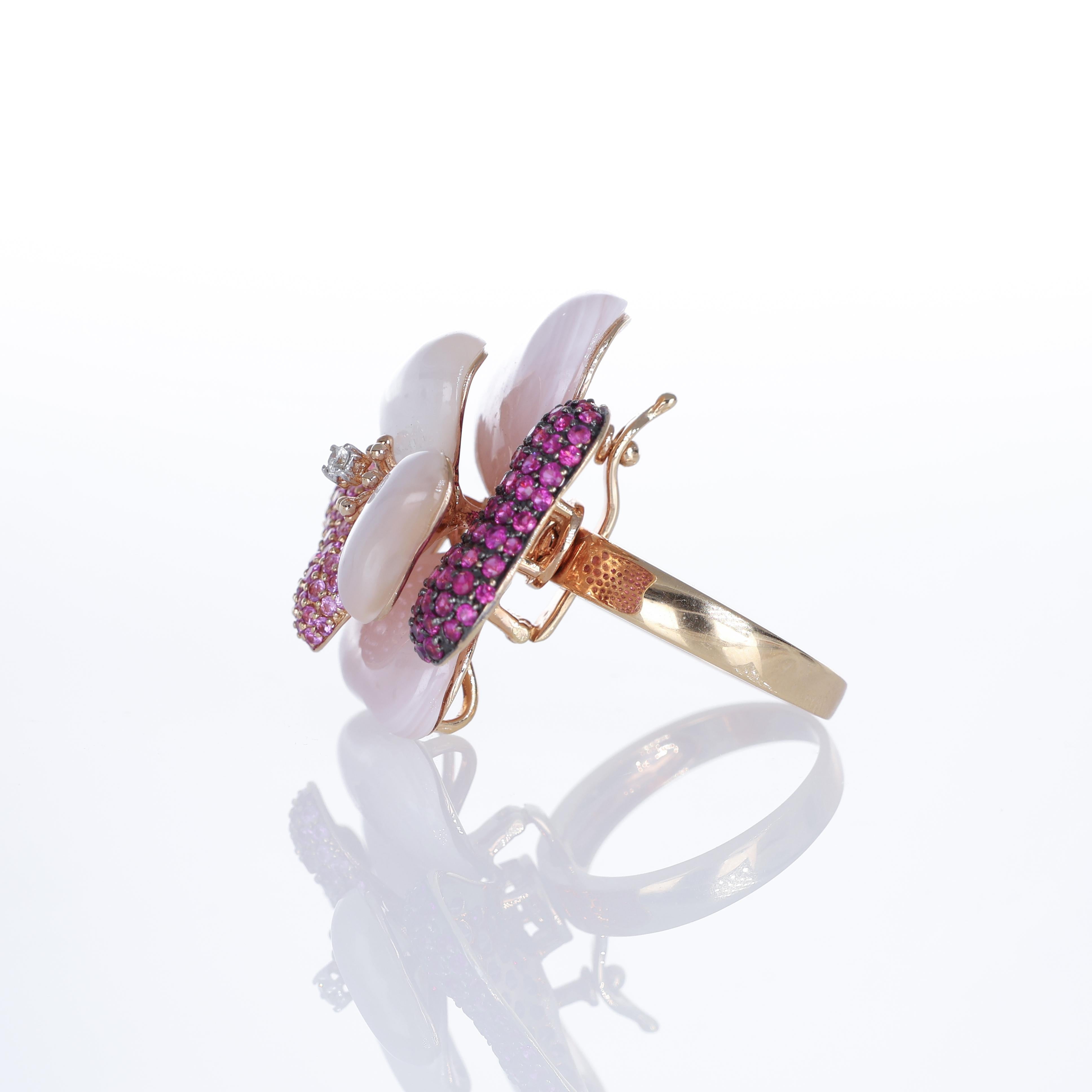 Women's or Men's 18K Rose Gold Flower Ring with Mother-of-Pearl, Rubies, and Sapphires For Sale