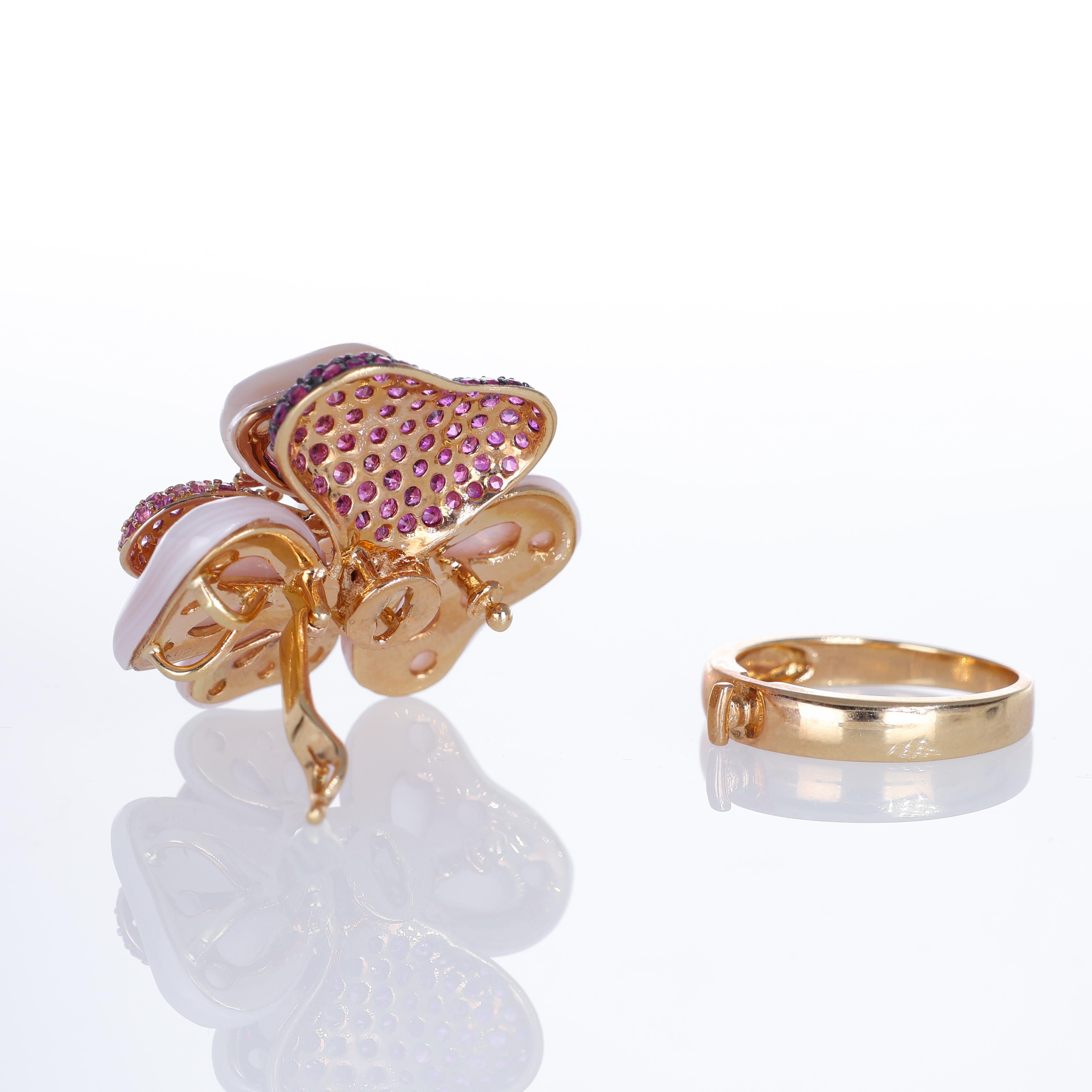 18K Rose Gold Flower Ring with Mother-of-Pearl, Rubies, and Sapphires For Sale 3