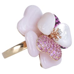 18K Rose Gold Flower Ring with Mother-of-Pearl, Rubies, and Sapphires