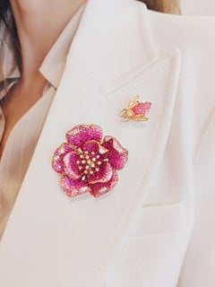 18K Rose Gold Flower Ruby & Pink Sapphire 3-in-1 Diamond Brooch Ring Pendant