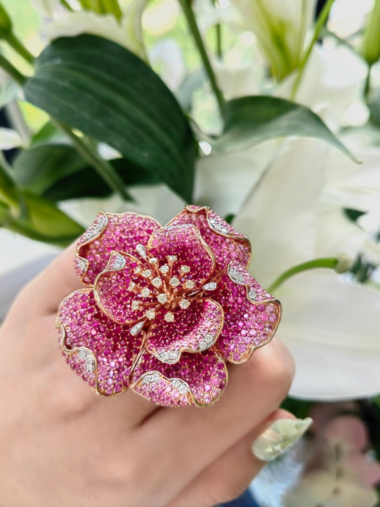18K Rose Gold Flower Ruby and Pink Sapphire 3in1 Diamond Brooch Ring