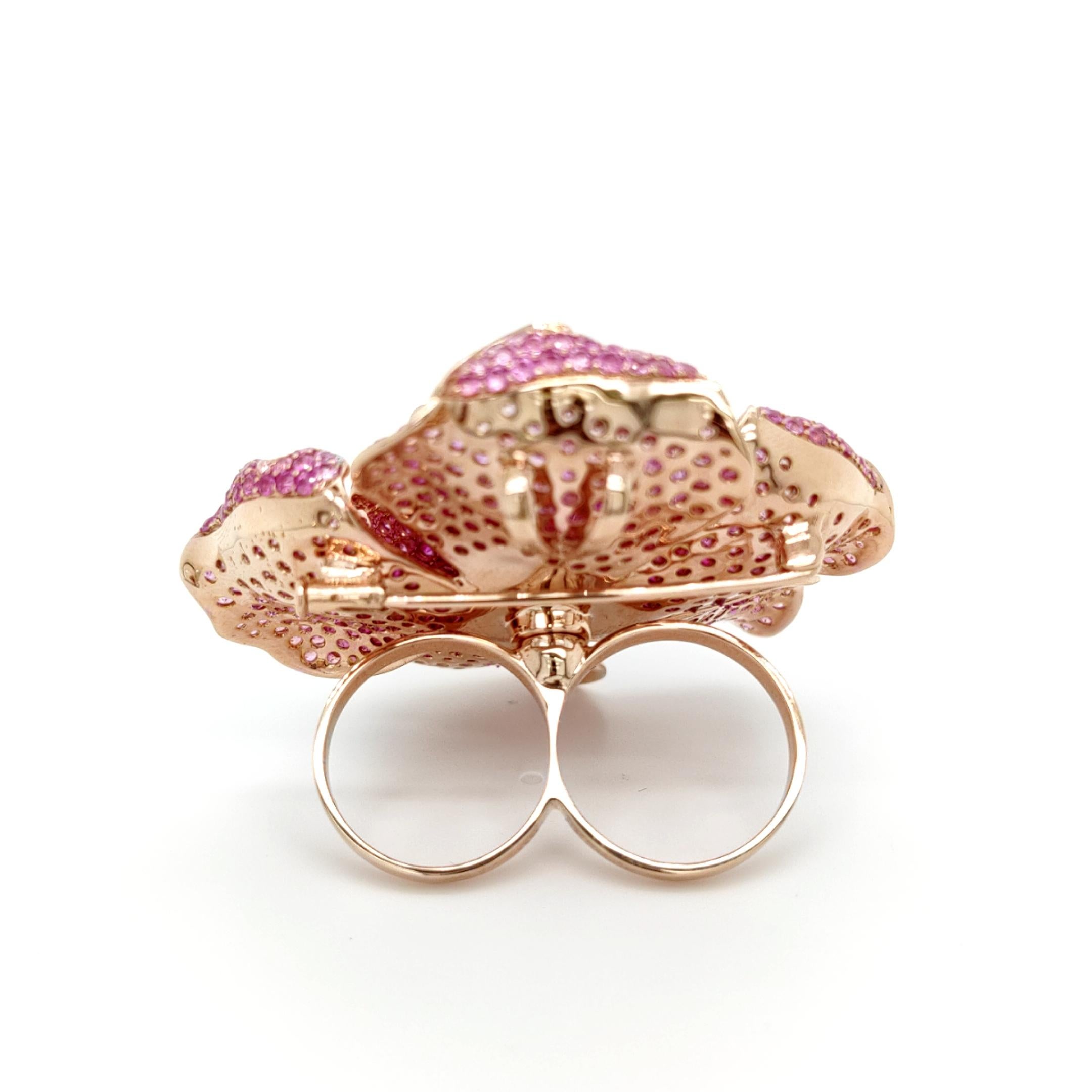 Modern 18K Rose Gold Flower Ruby & Pink Sapphire 3-in-1 Diamond Brooch Ring Pendant For Sale
