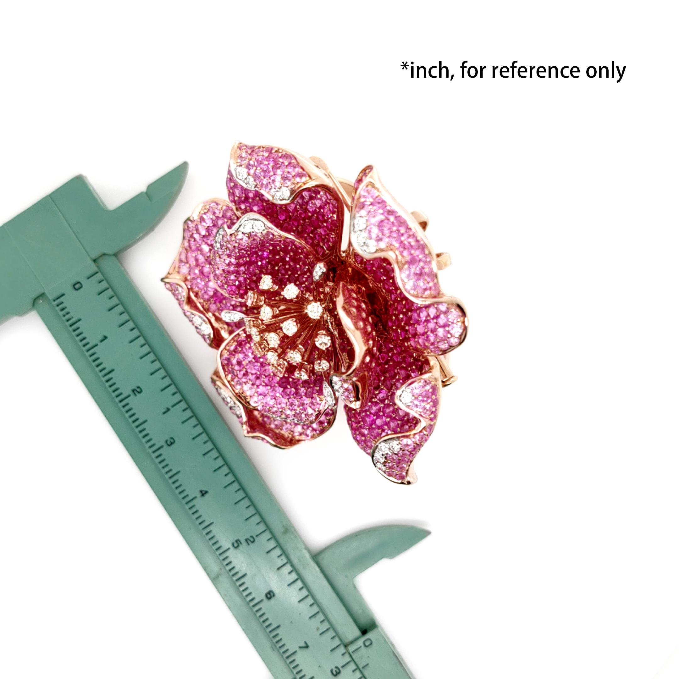 Round Cut 18K Rose Gold Flower Ruby & Pink Sapphire 3-in-1 Diamond Brooch Ring Pendant For Sale