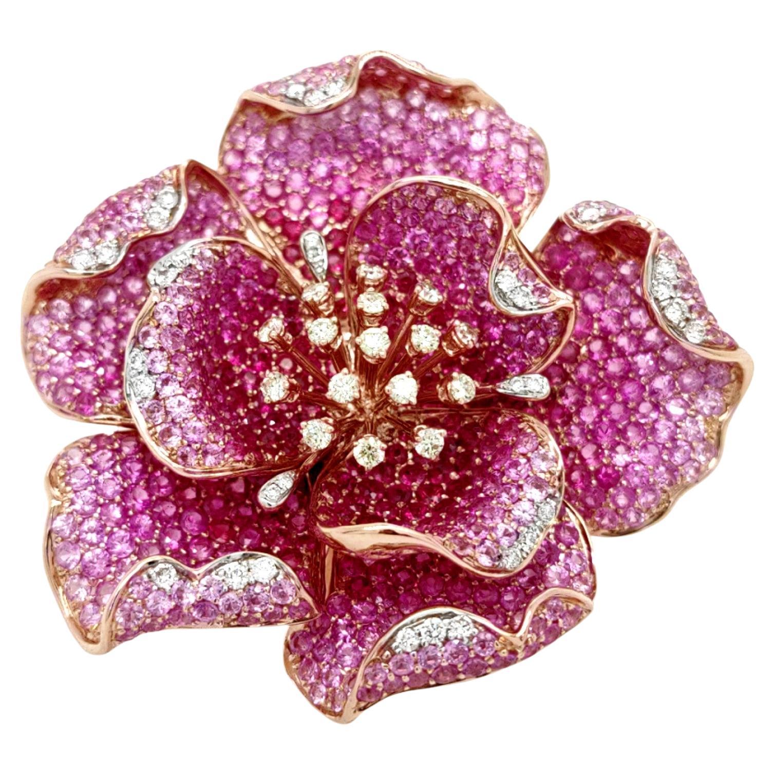 18K Rose Gold Flower Ruby & Pink Sapphire 3-in-1 Diamond Brooch Ring Pendant For Sale