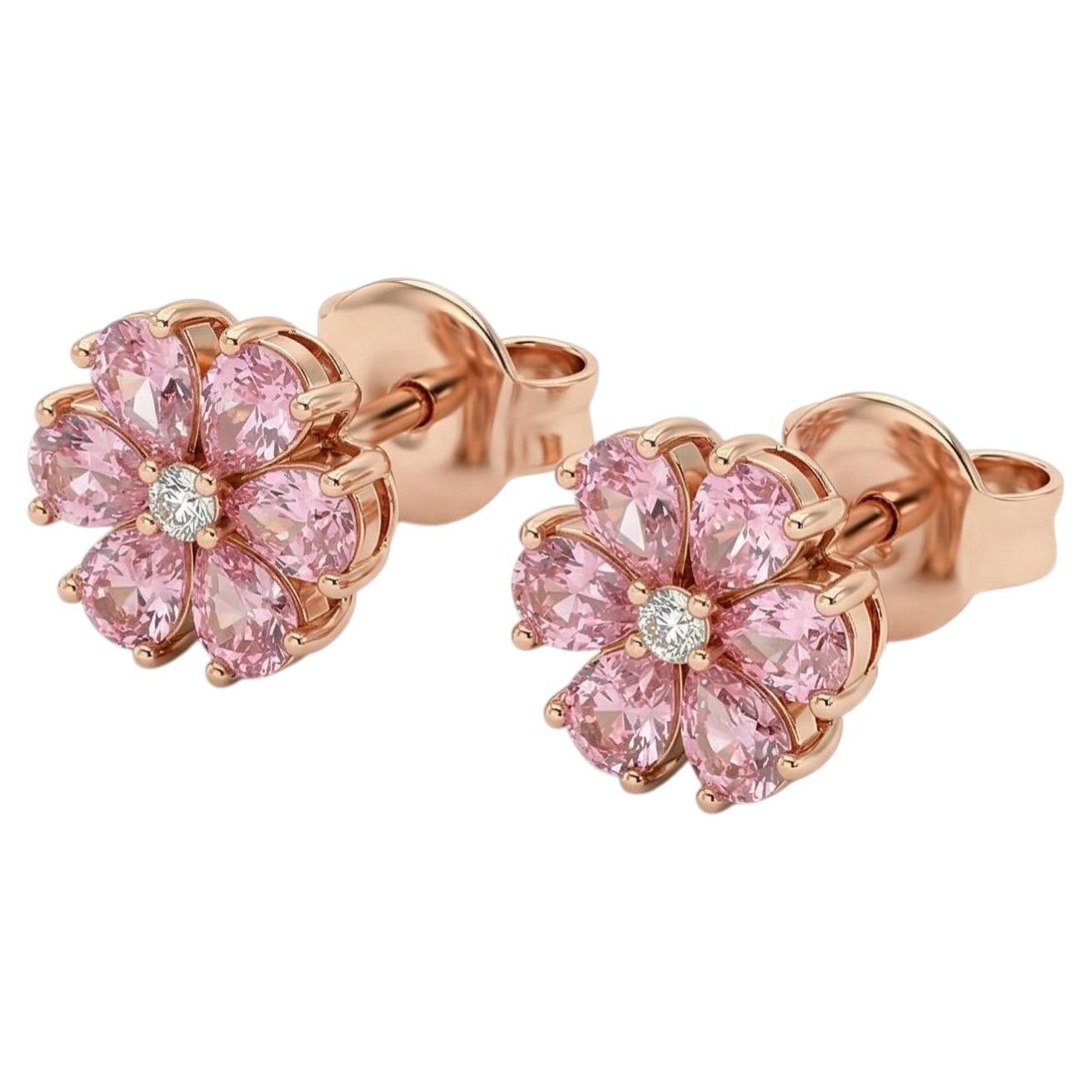 18k Rose Gold Flower Pink Diamond Earrings, Pear Cut, Modern Design For Sale