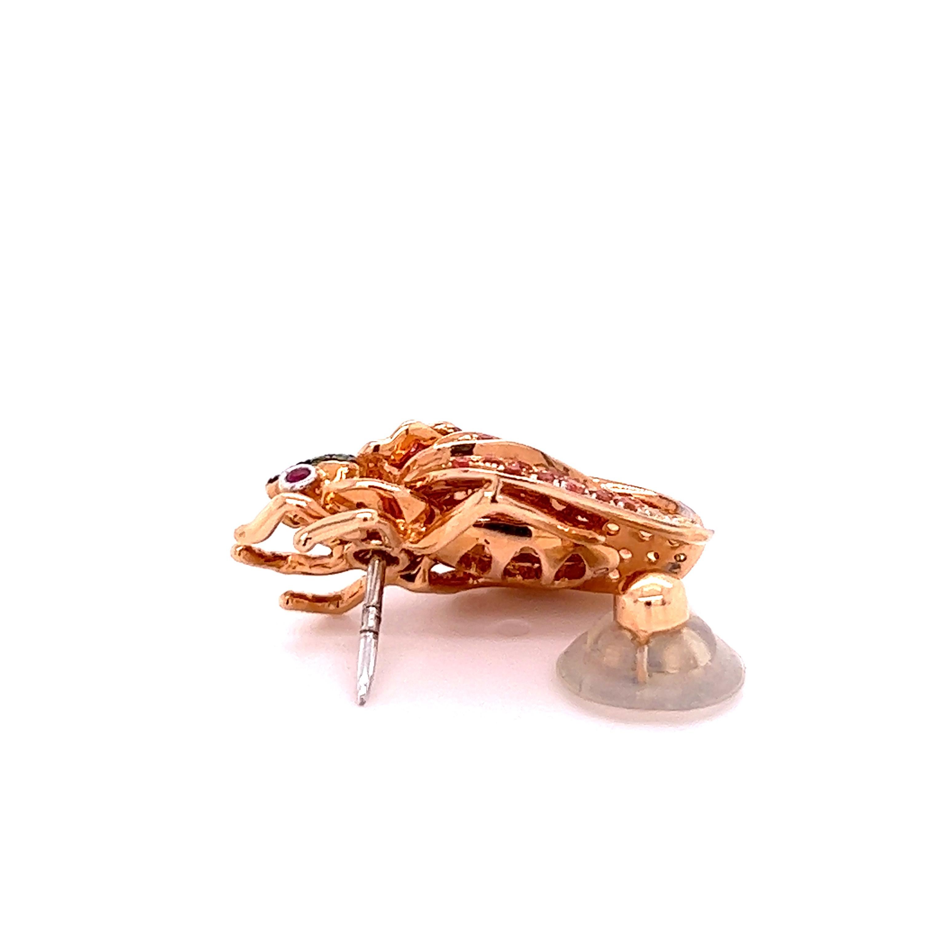 Women's or Men's 18K Rose Gold Fly Shaped Orange Sapphire and Yellow Sapphire Brooch For Sale