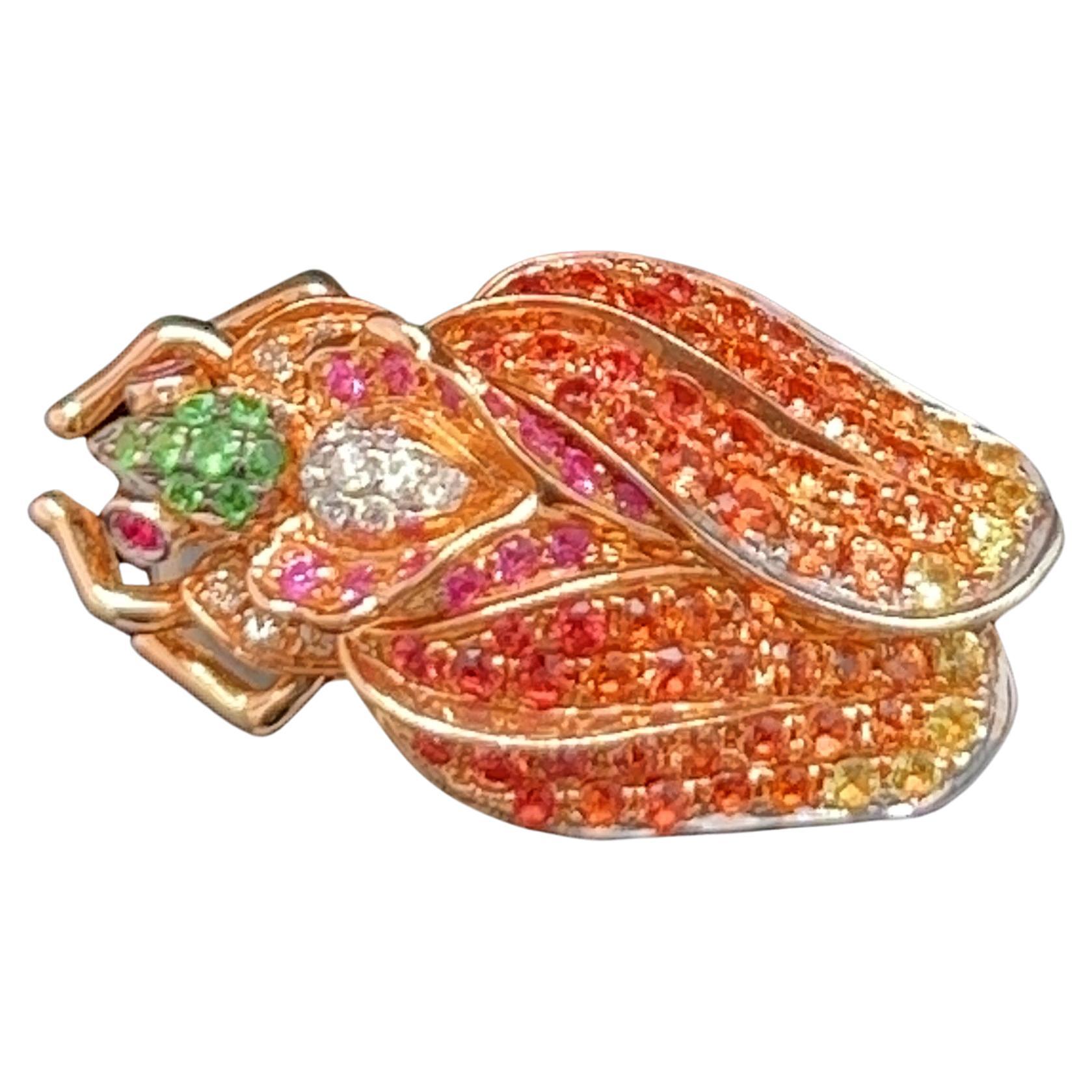 18K Rose Gold Fly Shaped Orange Sapphire and Yellow Sapphire Brooch