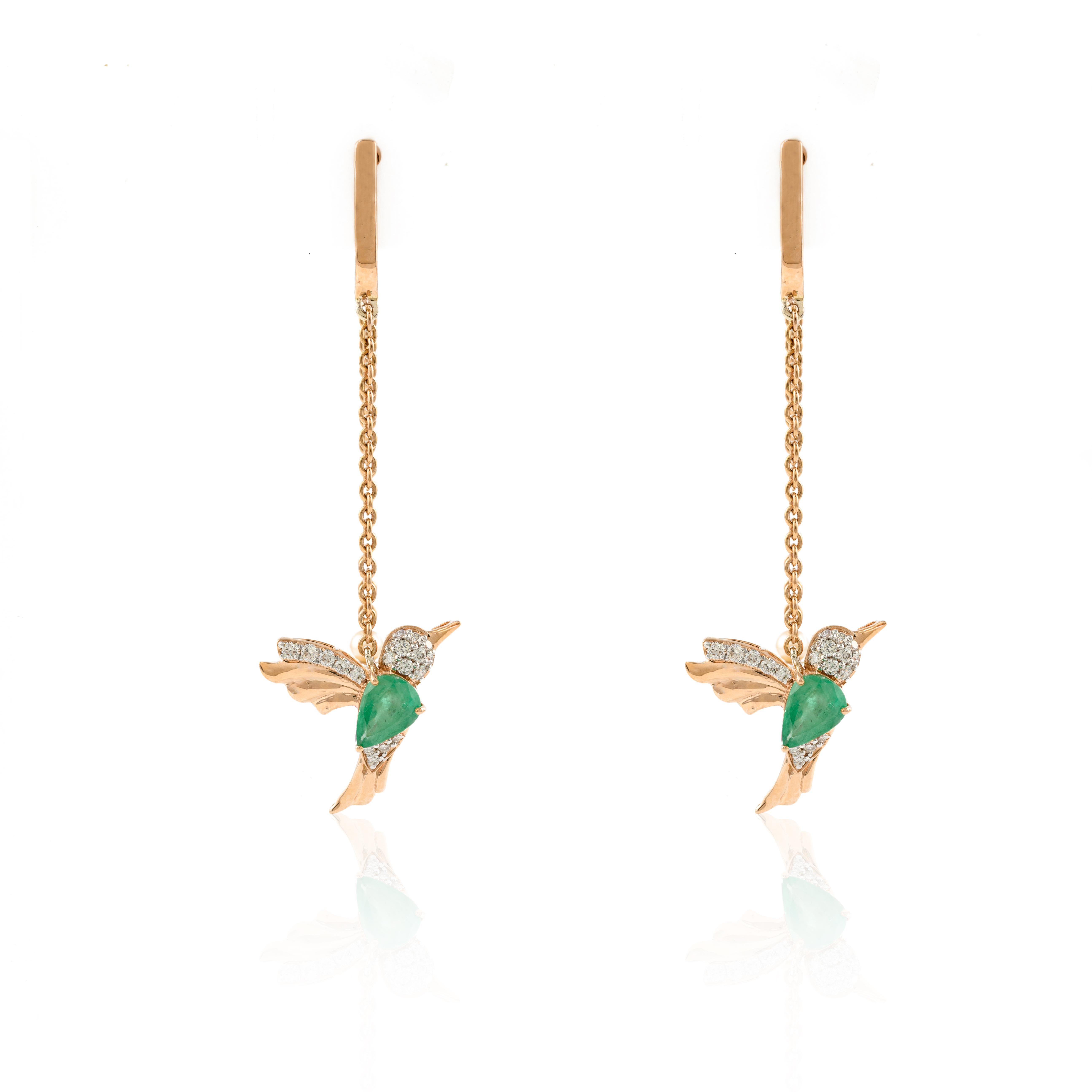 Artist 18k Rose Gold Flying Hummingbird Emerald and Ruby Chain Earrings for Women For Sale