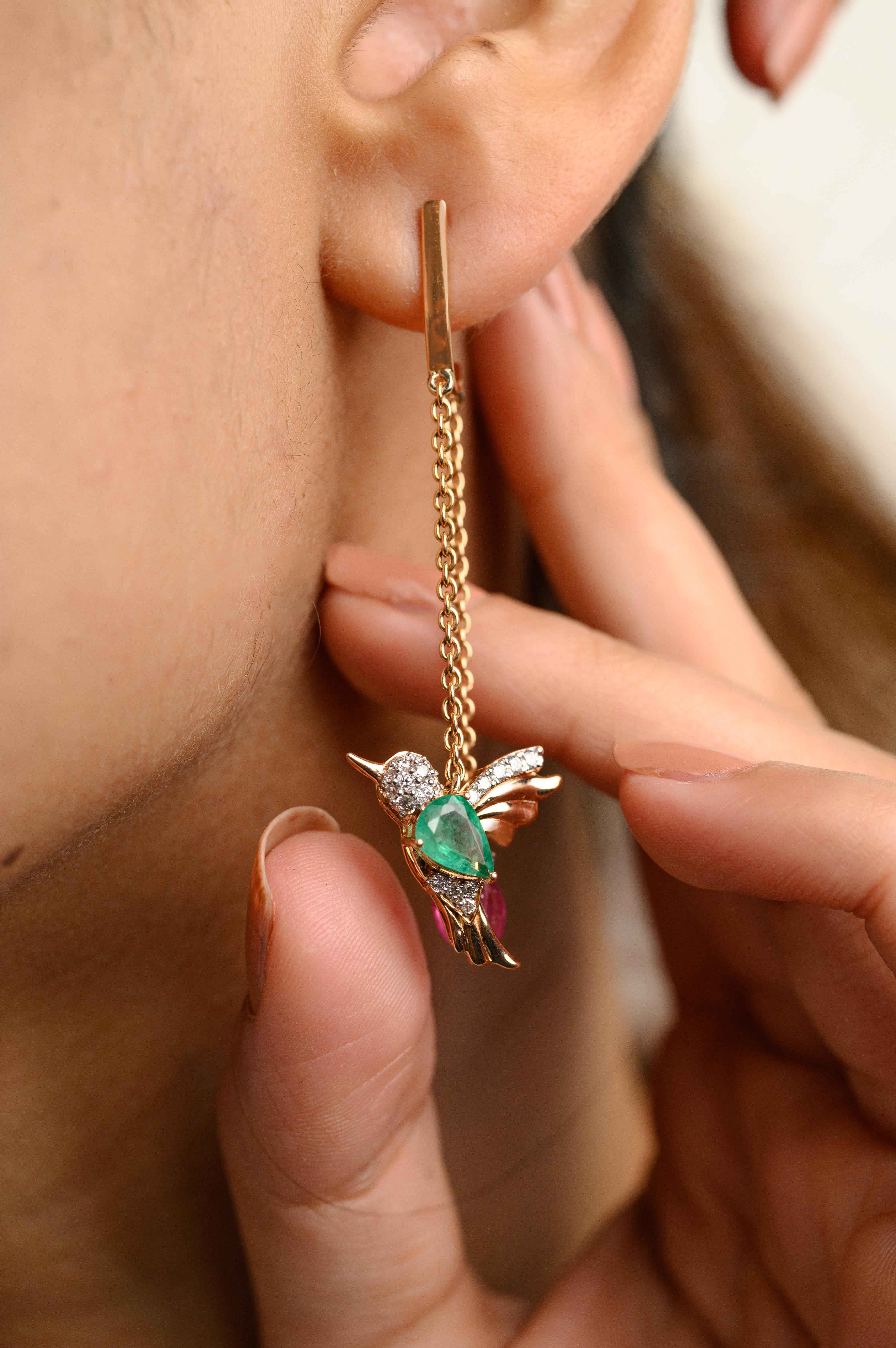 Mixed Cut 18k Rose Gold Flying Hummingbird Emerald and Ruby Chain Earrings for Women For Sale