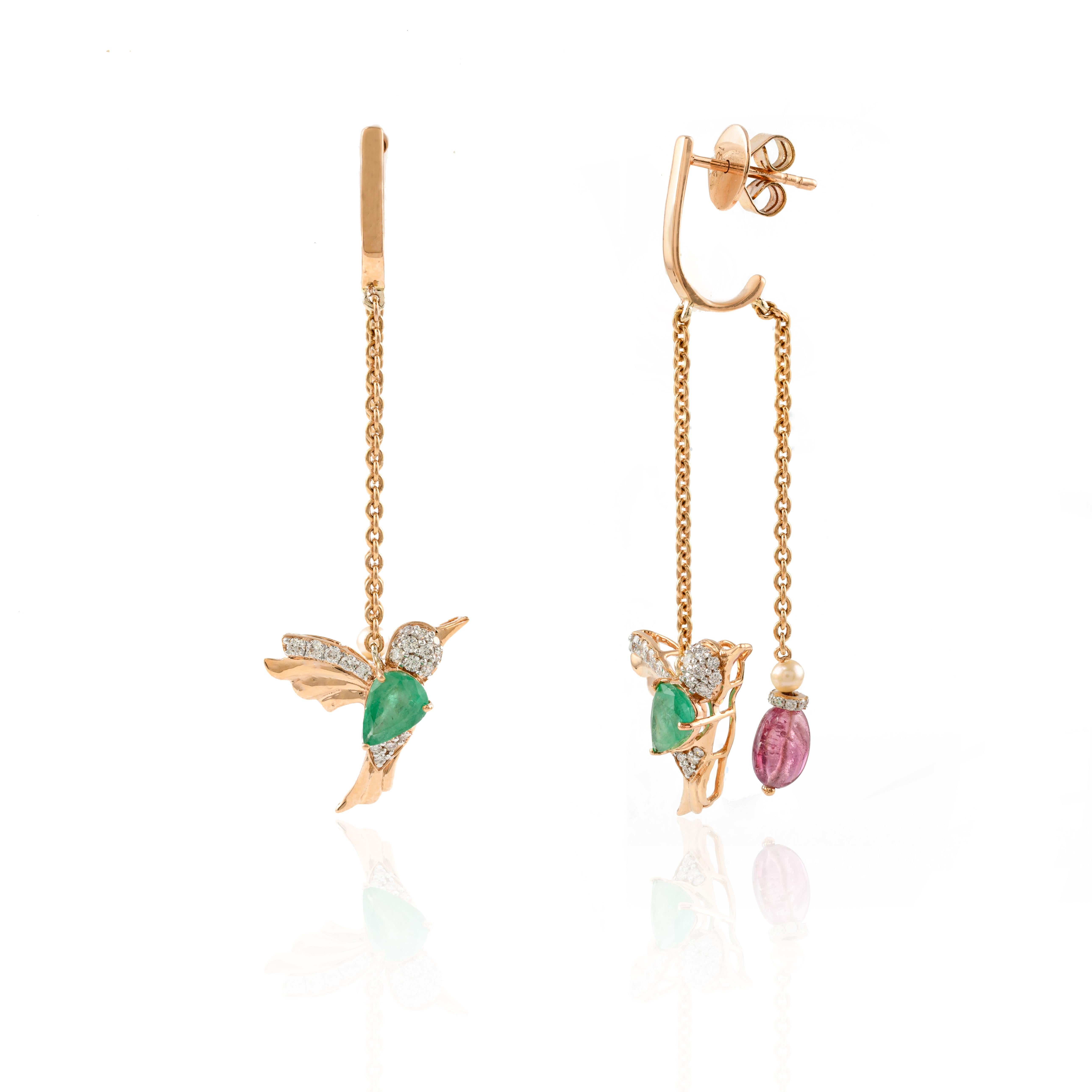Mixed Cut 18k Rose Gold Flying Hummingbird Emerald and Ruby Chain Earrings For Women