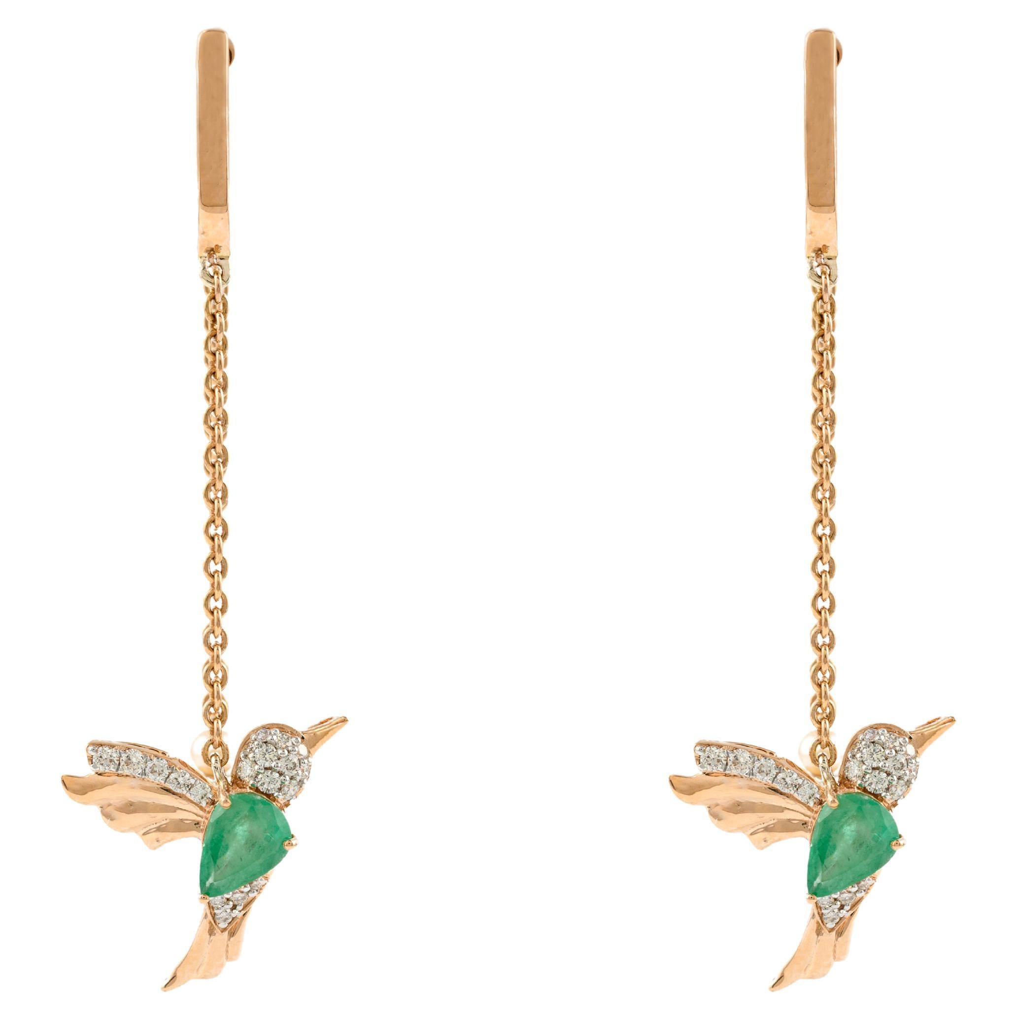 18k Rose Gold Flying Hummingbird Emerald and Ruby Chain Earrings For Women