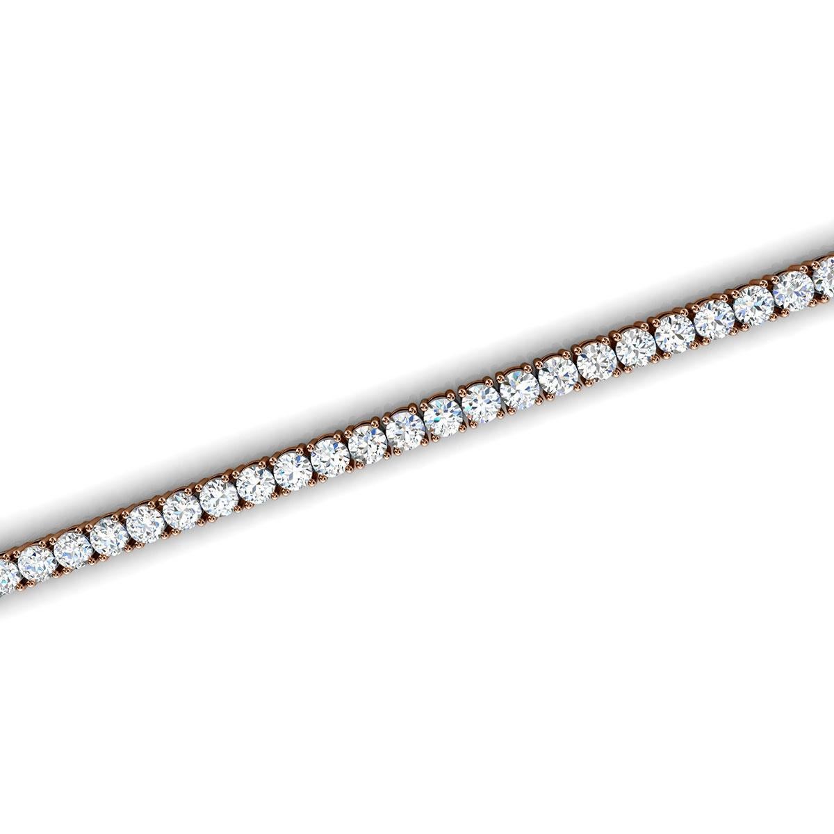 Taille ronde Bracelet tennis à quatre griffes en or rose 18 carats et diamants de 5 carats en vente