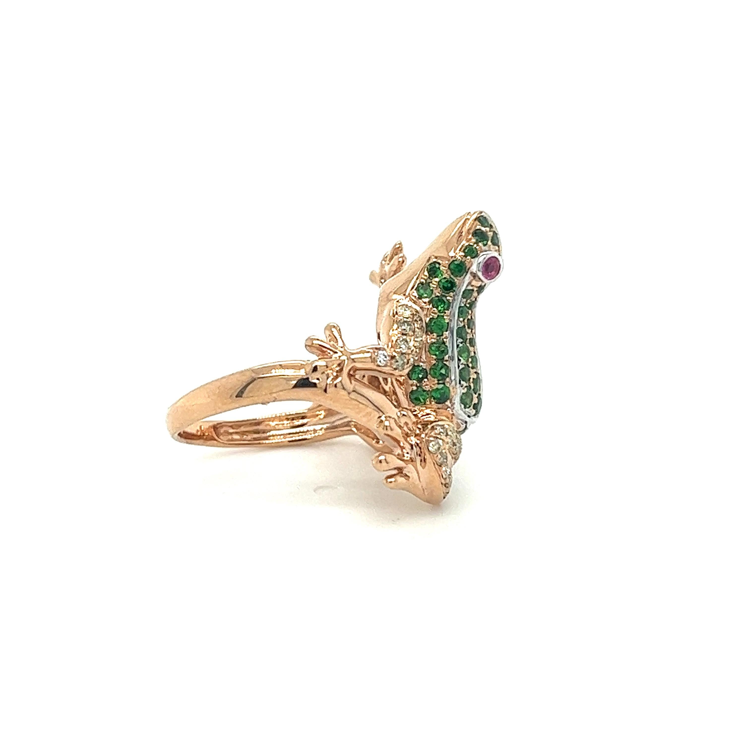 Modern 18K Rose Gold Frog Ring with Diamonds & Green Garnets For Sale