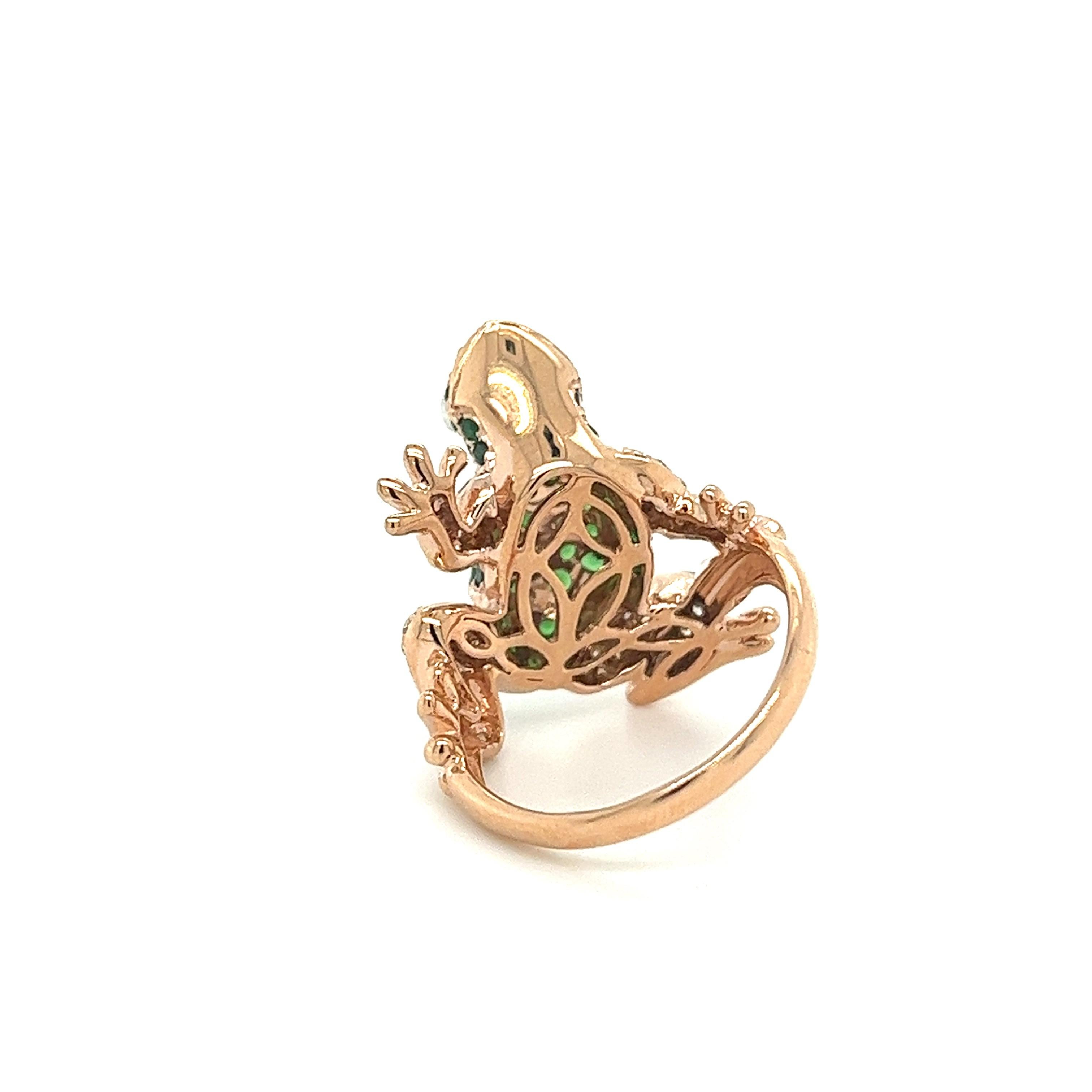 Round Cut 18K Rose Gold Frog Ring with Diamonds & Green Garnets For Sale