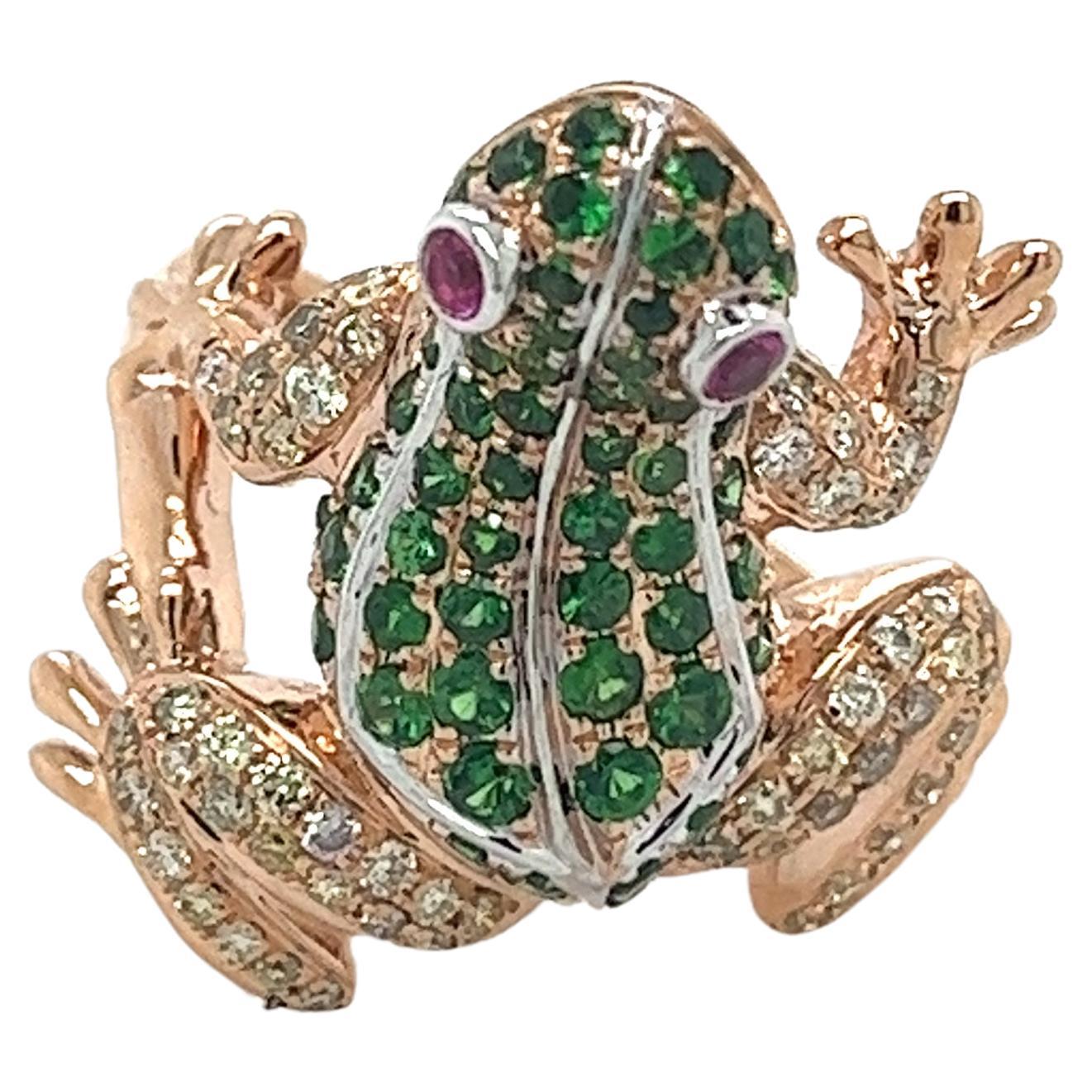 18K Rose Gold Frog Ring with Diamonds & Green Garnets For Sale