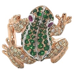 Antique 18K Rose Gold Frog Ring with Diamonds & Green Garnets