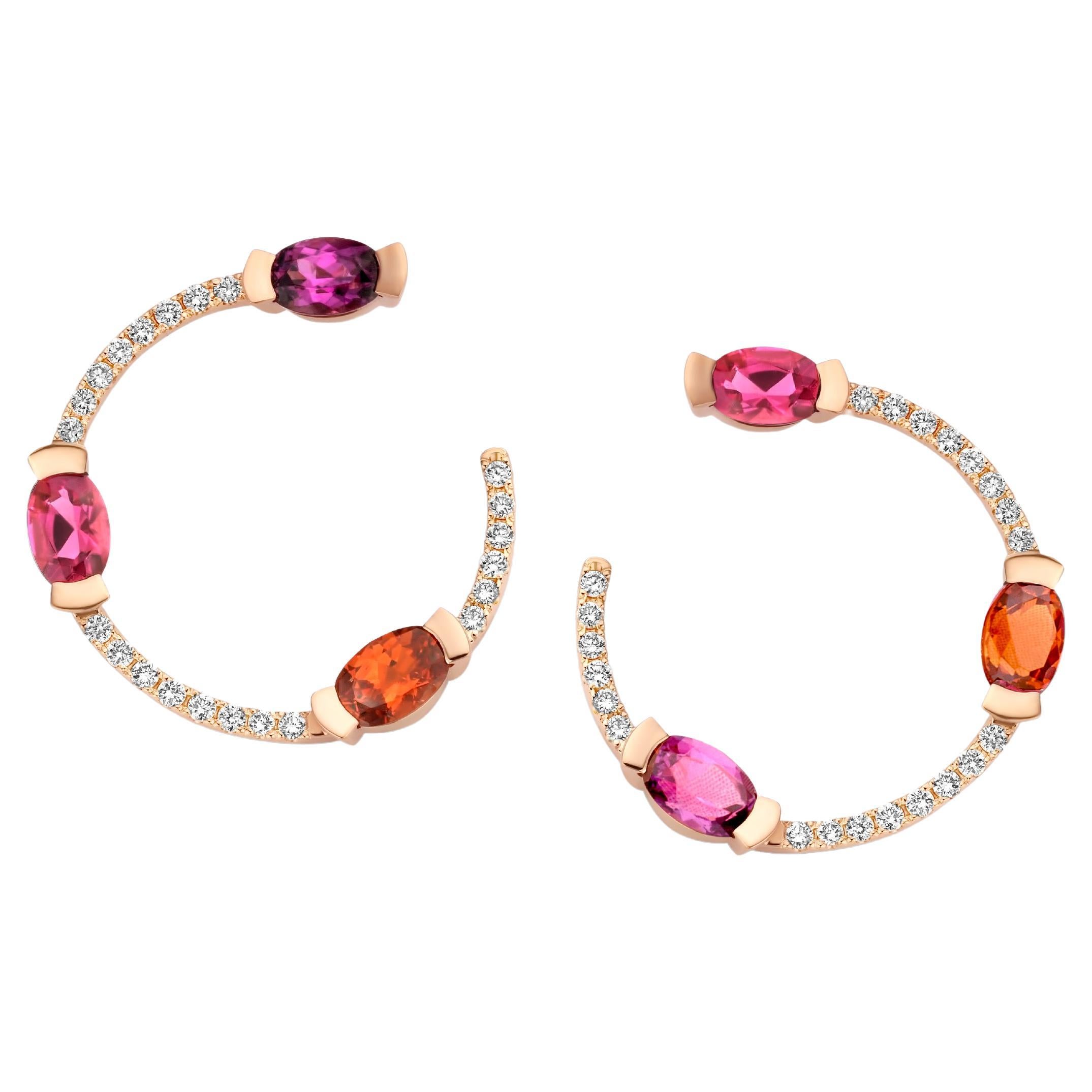 Boucles d'oreilles en or rose 18 carats grenat, tourmaline et diamant courbes