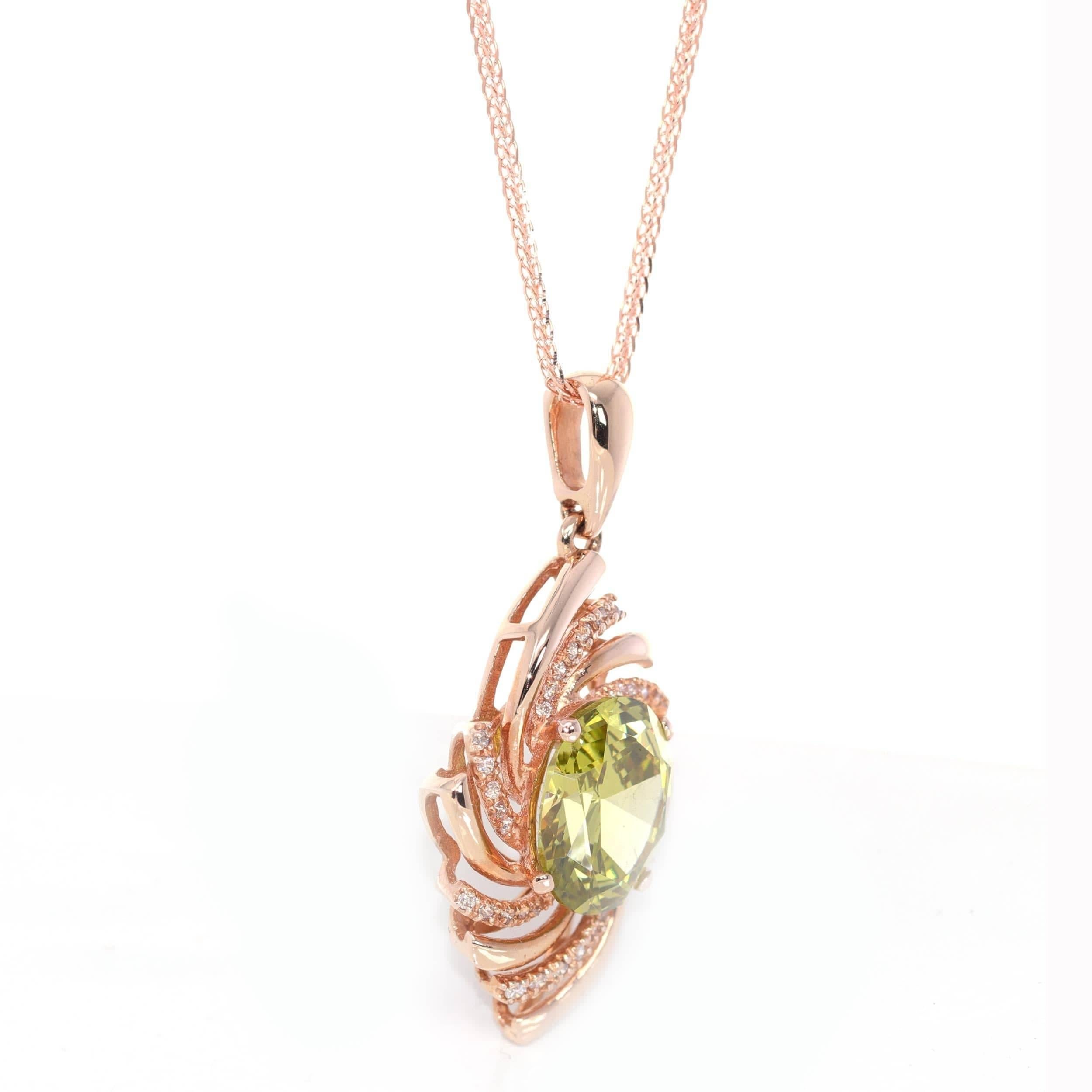 Oval Cut 18k Rose Gold Genuine AAA Royal Peridot Pendant Necklace with CZ For Sale