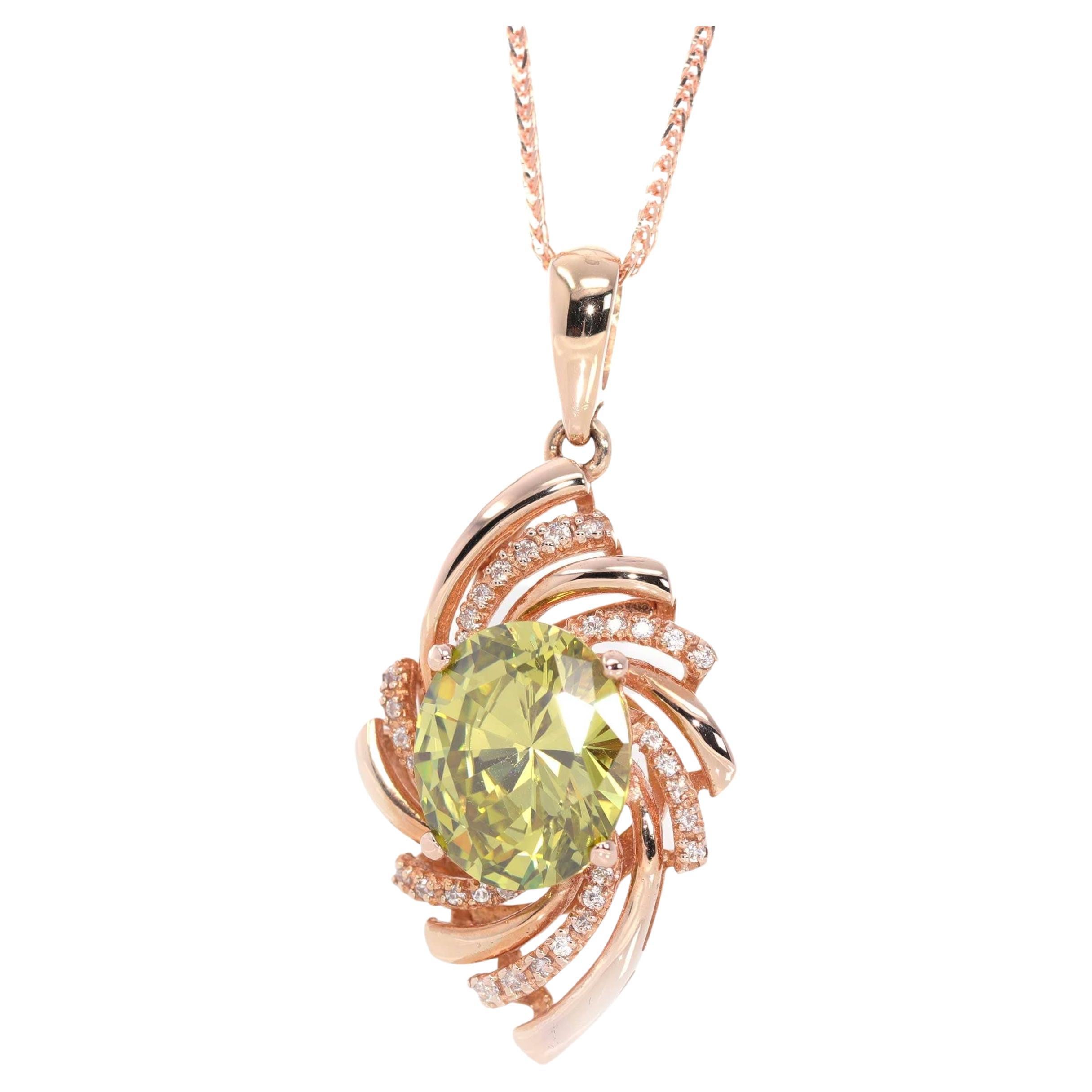 18k Rose Gold Genuine AAA Royal Peridot Pendant Necklace with CZ