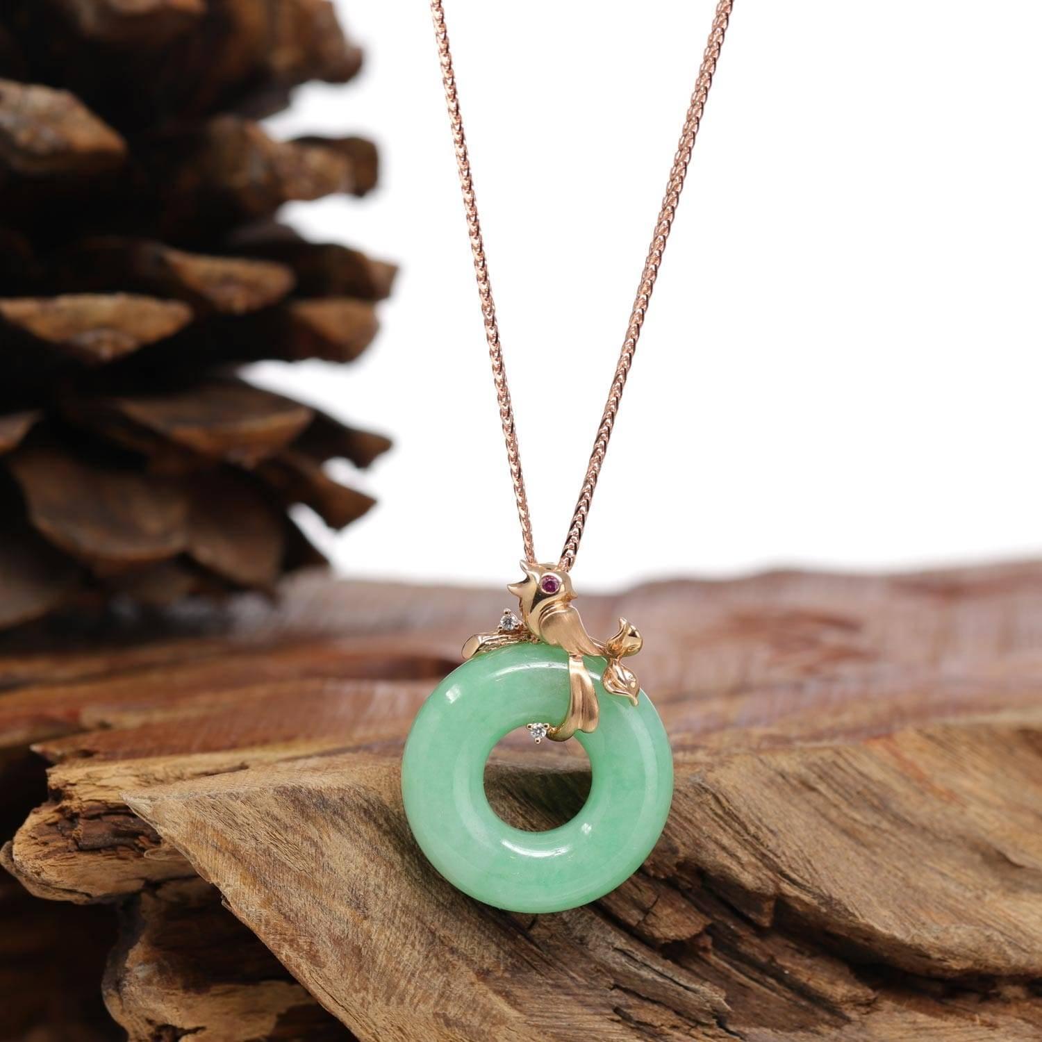 * DESIGN CONCEPT--- 18k Rose Gold & Genuine Burmese Jadeite Pendant Necklace With AA Ruby. This pendant is made with high-quality genuine jadeite with some green, The jadeite piece looks so clean and smooth without any clouds or cracks or any dirty