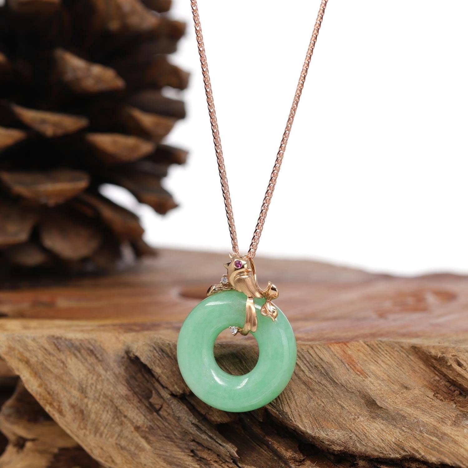 18k Rose Gold Genuine Burmese Jadeite Lucky Pendant Necklace with AA Ruby For Sale