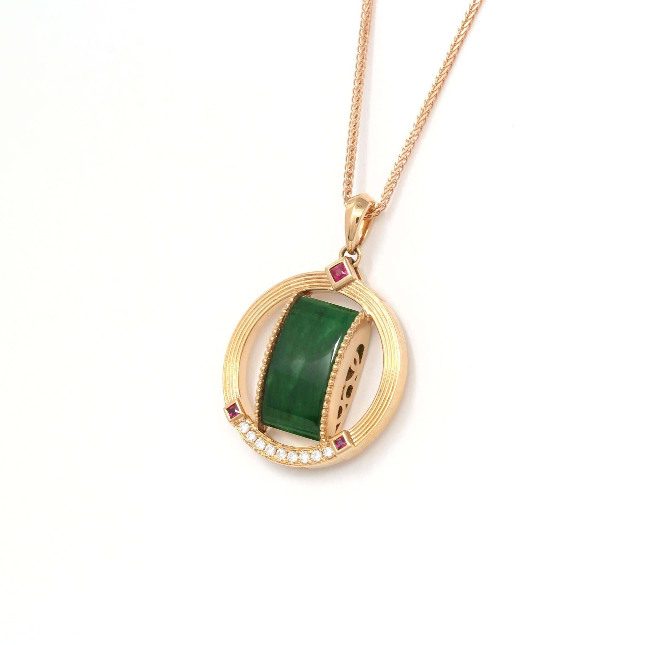 Artist 18k Rose Gold Genuine Burmese Jadeite Pendant Necklace with Diamond & Ruby For Sale